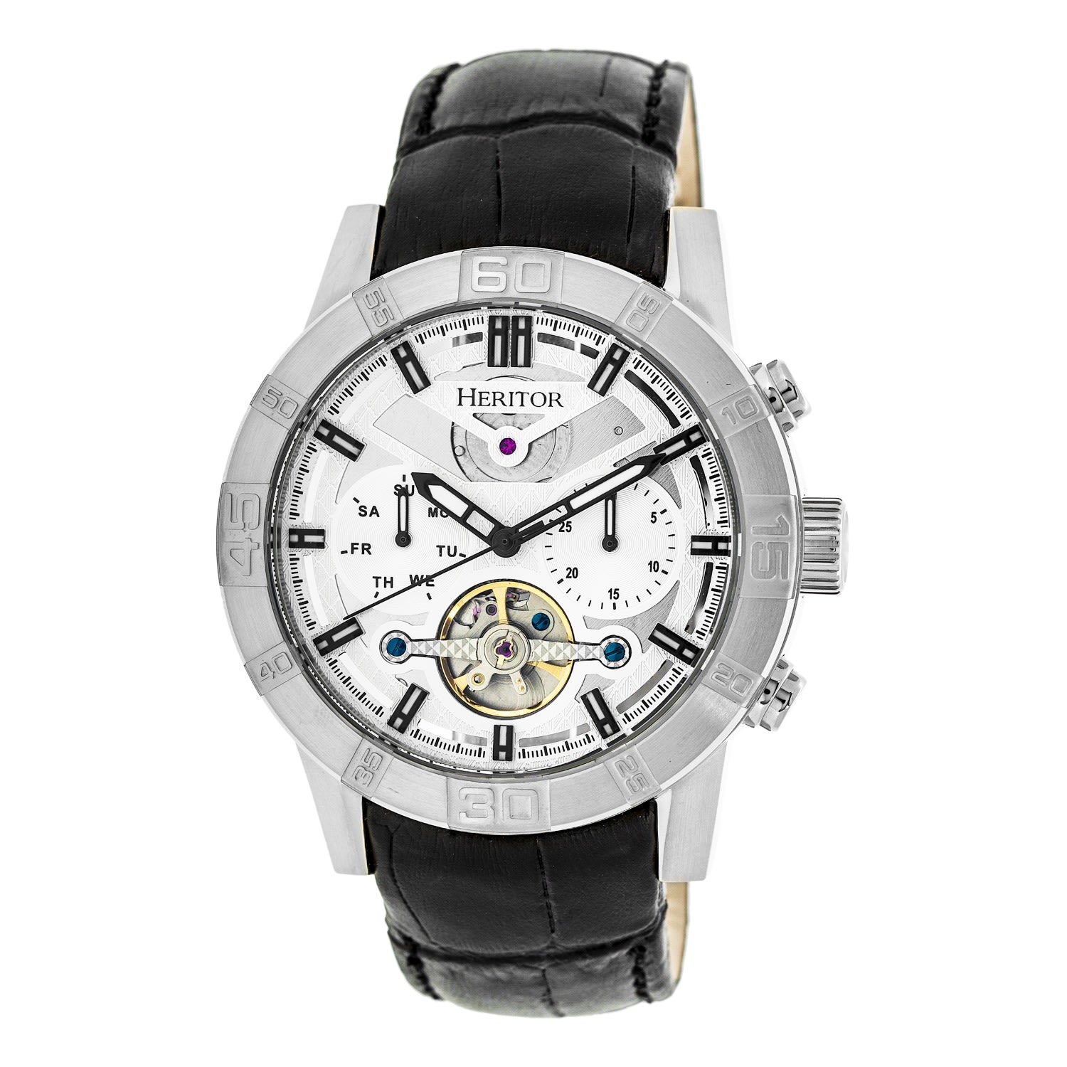 Men’s Hannibal Semi-Skeleton Leather-Band Watch With Day And Date - Silver One Size Heritor Automatic