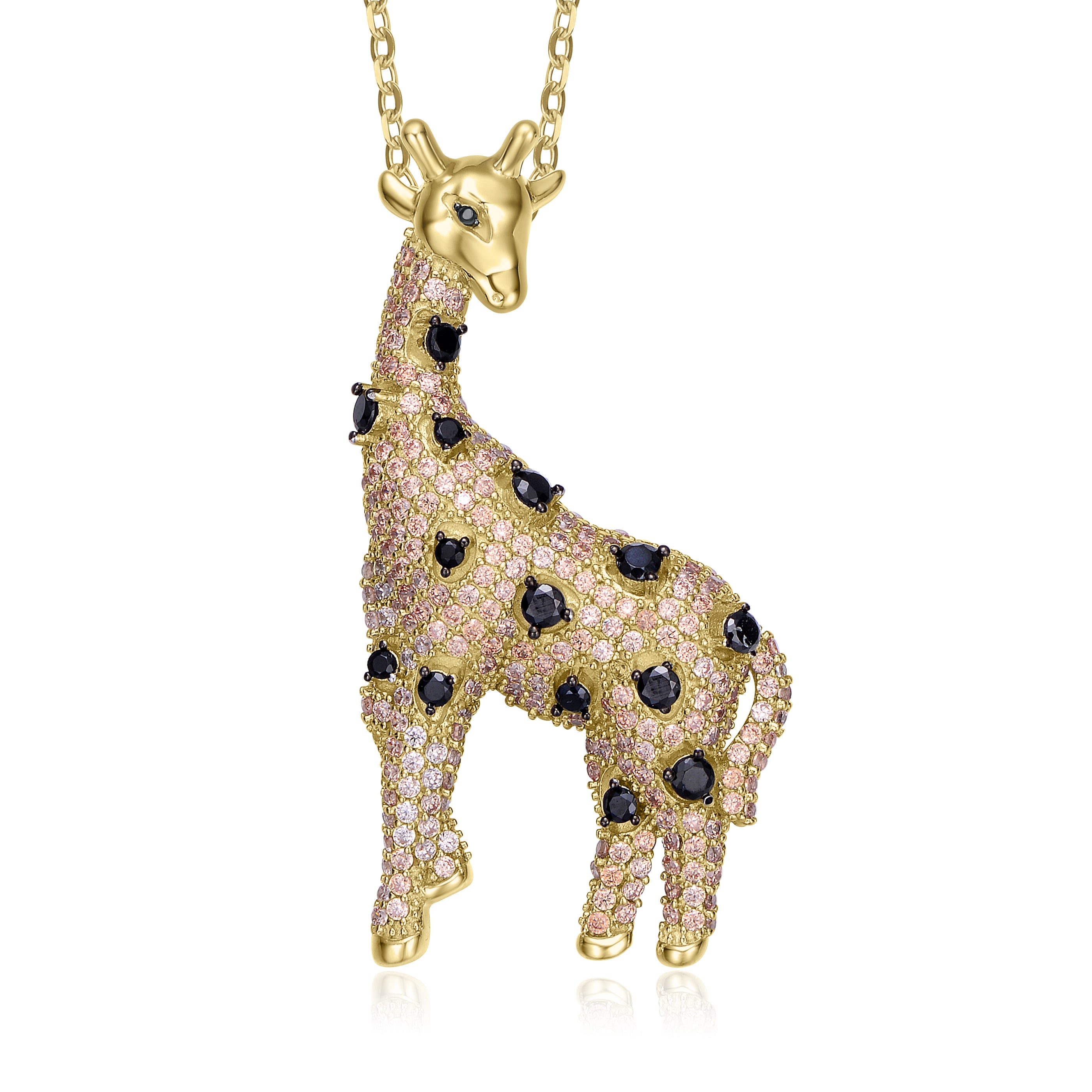 Women’s White / Gold / Black Rhodium-Plated With Champagne & Black Diamond Cubic Zirconia Iced Out Giraffe Pendant In Sterling Silver Genevive Jewelry