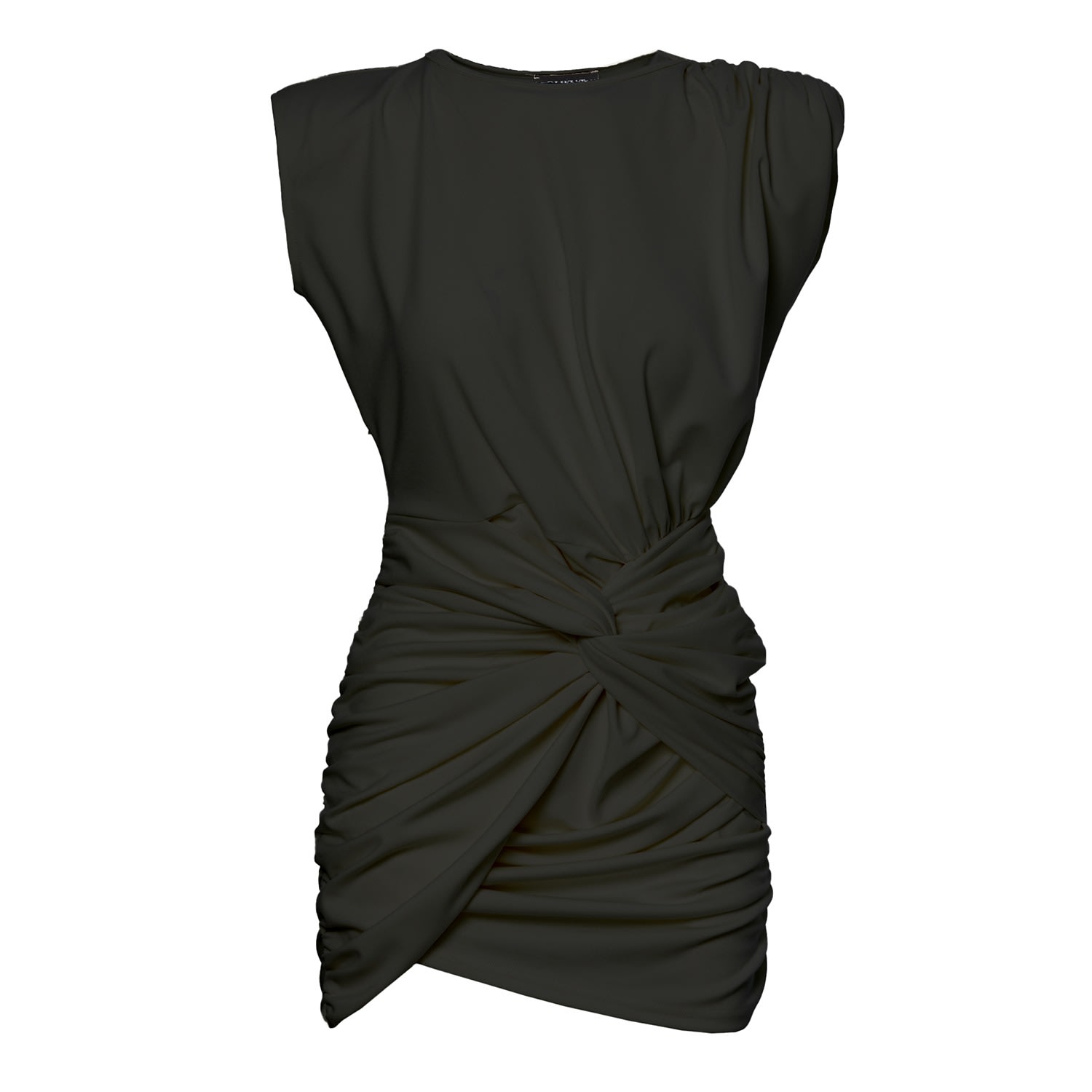 Bluzat Women's Mini Black Dress With One Draped Shoulders And Pleats In Black