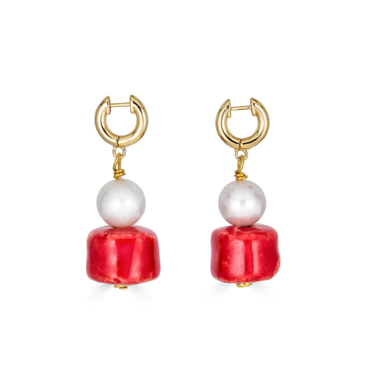 Women’s Red Coral Freshwater Pearl And Ceramic Earrings Rodela