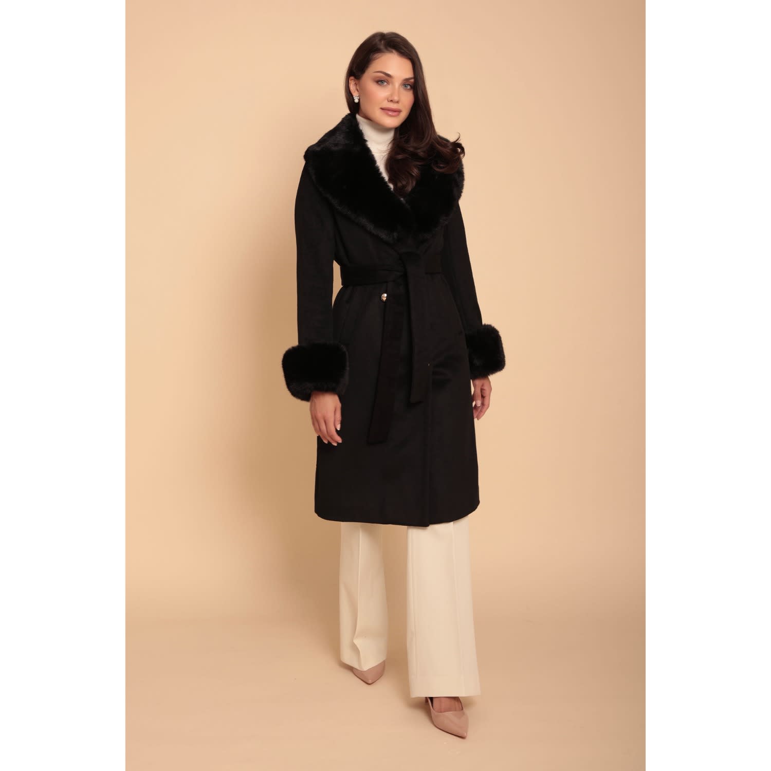 Marlene' 100% Cashmere & Wool Coat With Faux Fur In Nero