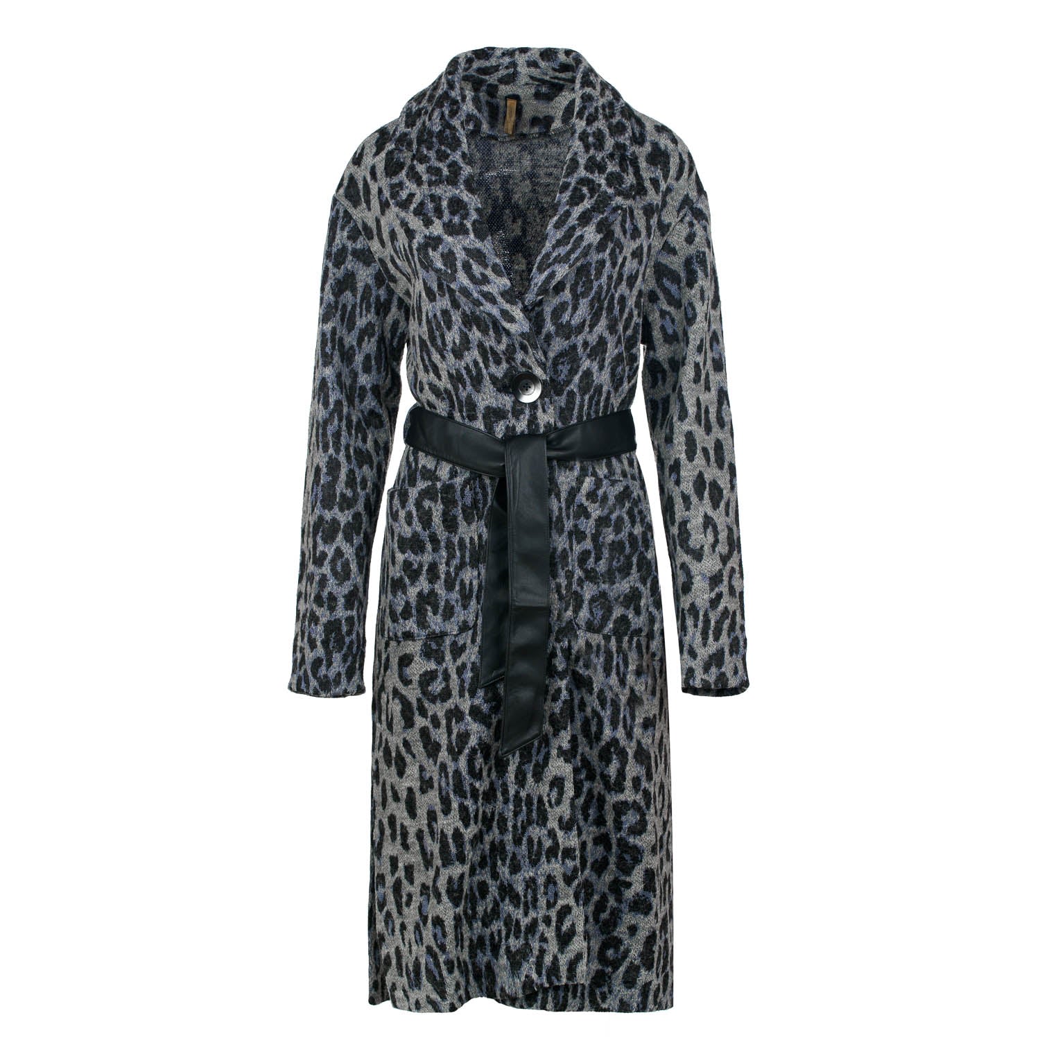 Women’s Animal Print Wool Blend Long Coat With Faux Leather Belt Small Conquista