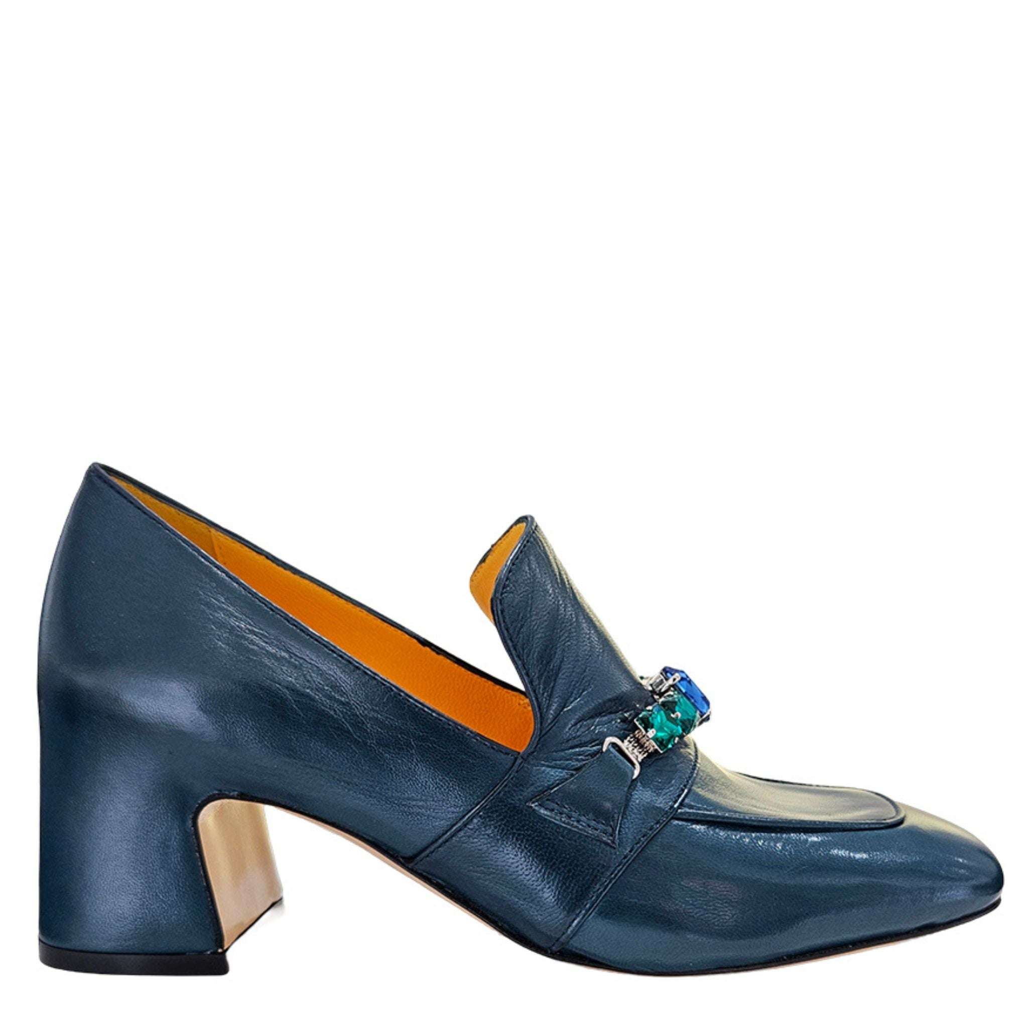 Madison.maison Women's Blue Navy Leather Mid Heel Jeweled Loafer In Blue