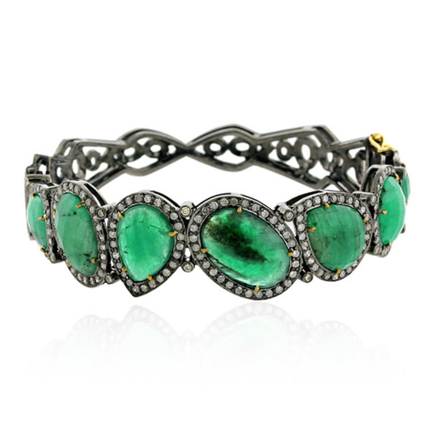 Women’s Gold / Green Pear & Oval Cut Emerald Pave Diamond In 18K Gold 925 Silver Elegant Bangle Artisan