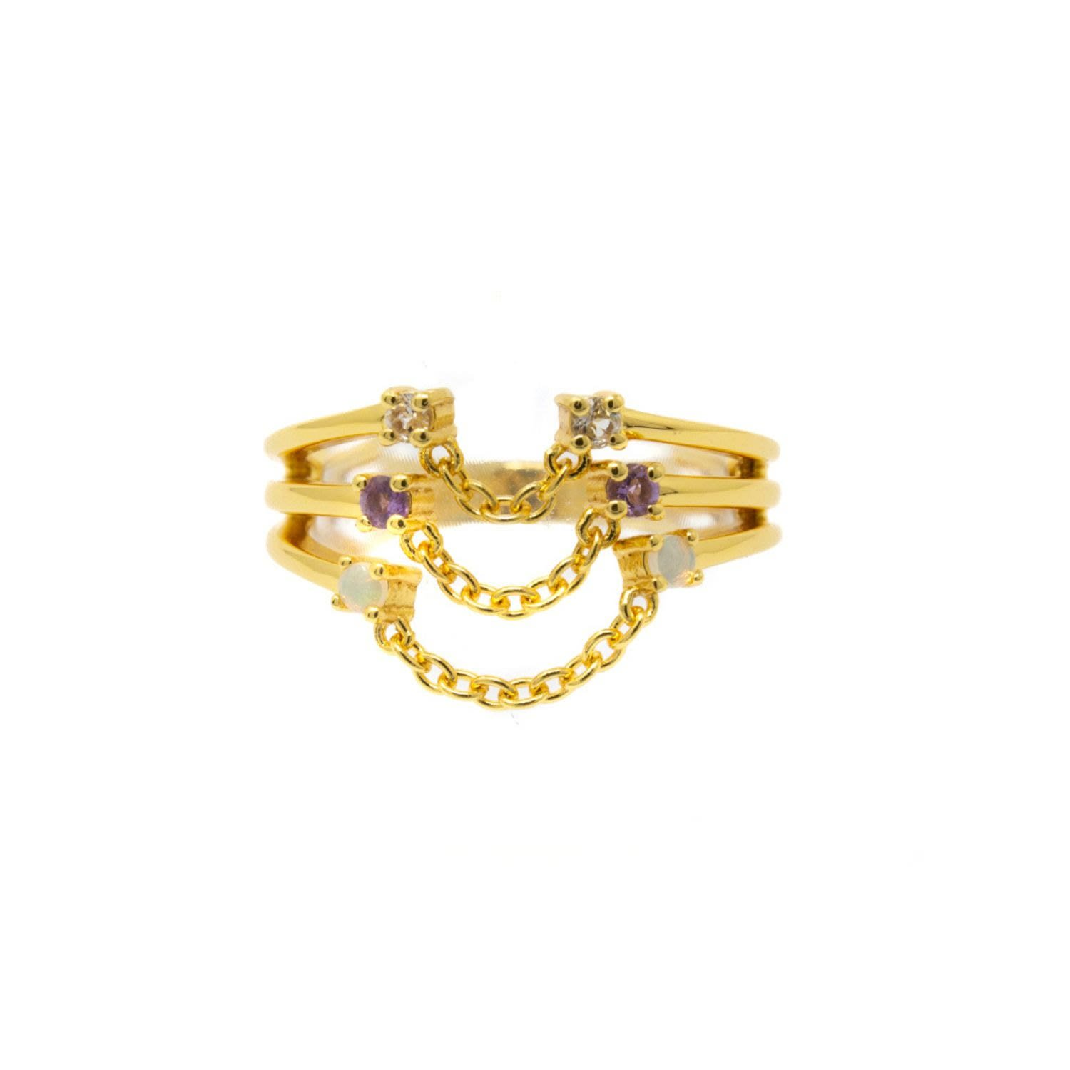 Nasi Silver Women's Yellow / White Farzana Triple Chain Ring- White Topaz- Amethyst- Opal- Gold In Gold