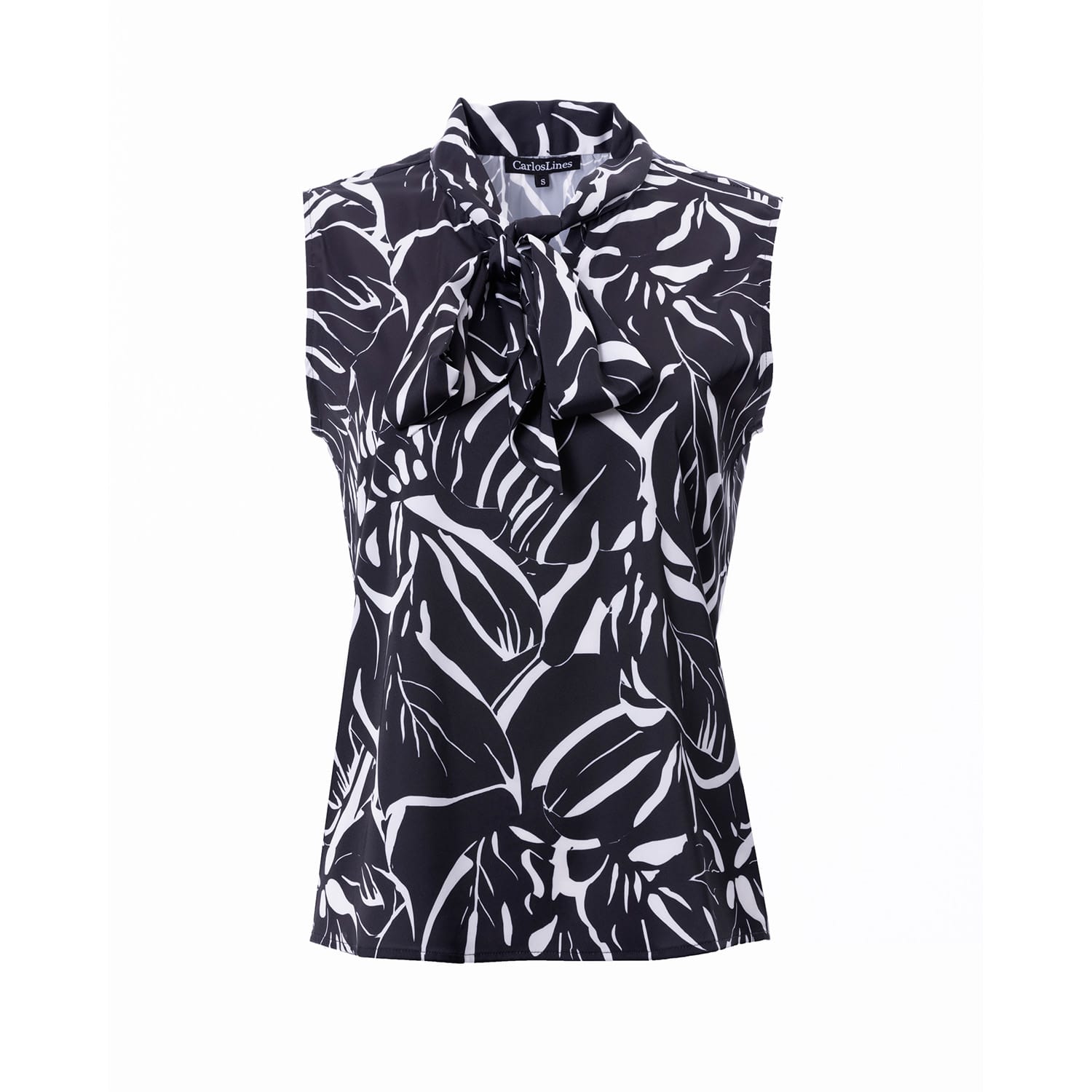 Carloslines Women's Black / White Bow Tie Sleeveless Blouse In Contrasted Leaves Print In Multi