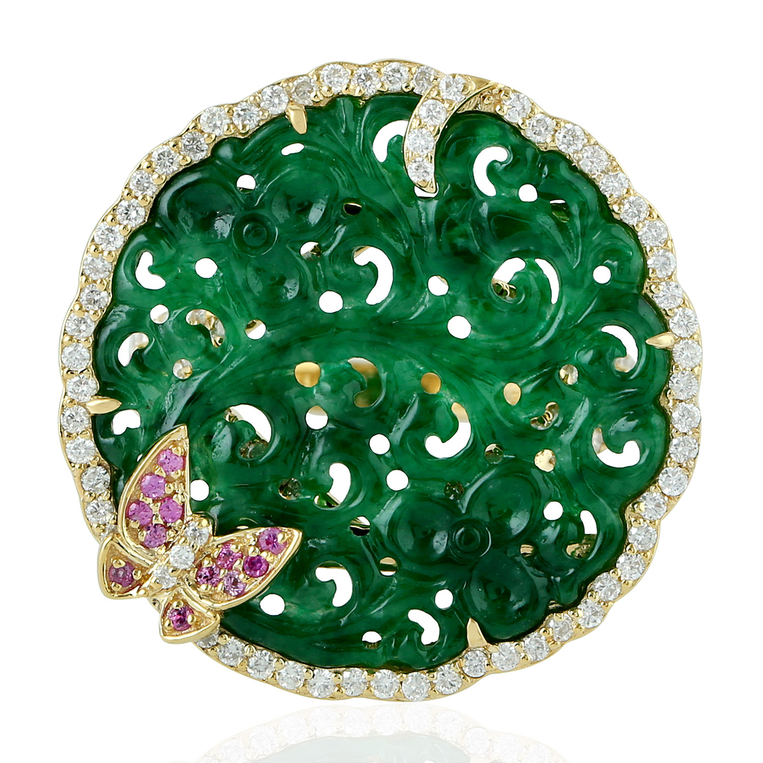 Artisan Women's Green / Gold / Pink Carving Jade & Pink Sapphire With Diamond Butterfly Ring In Yellow Gold