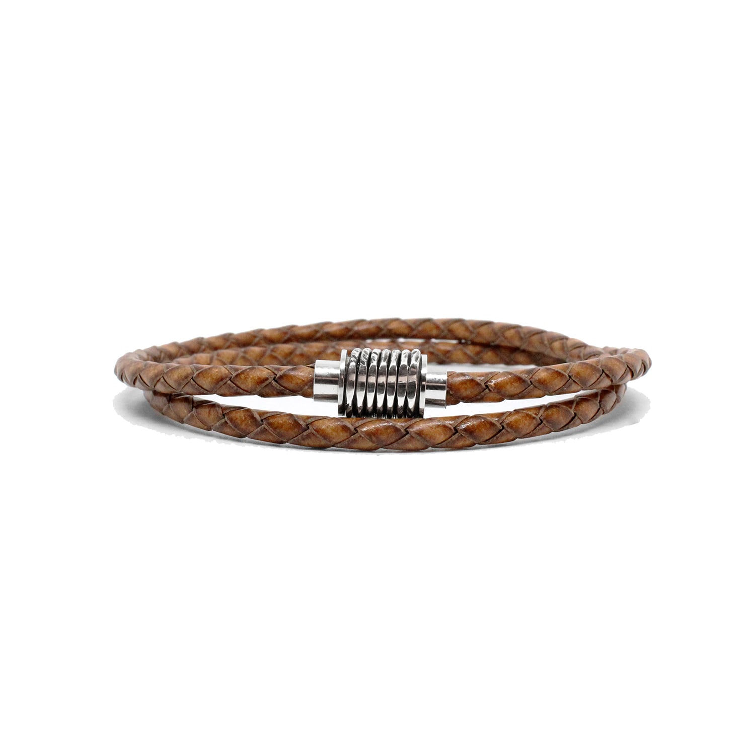 Men’s Brown Sterling Silver Coil, Braided Tan Leather Wrap Kenton Michael