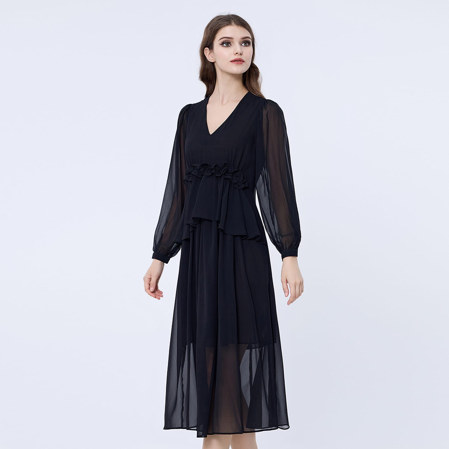 Long Ruffle Chiffon Dress - Black | Smart and Joy