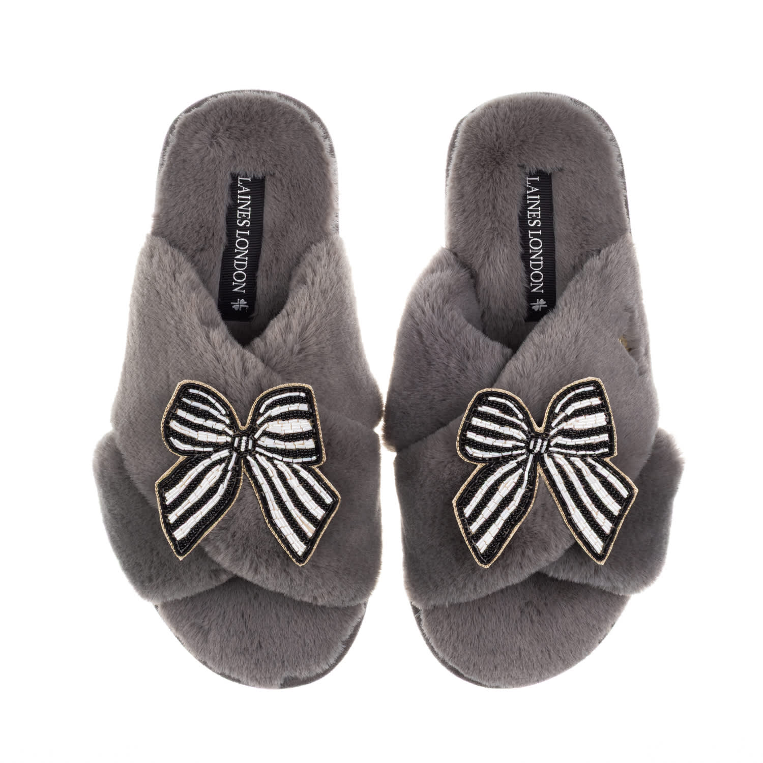 Laines London Women's Classic Laines Slippers With Black Stripe Bow Brooches - Grey In Gray