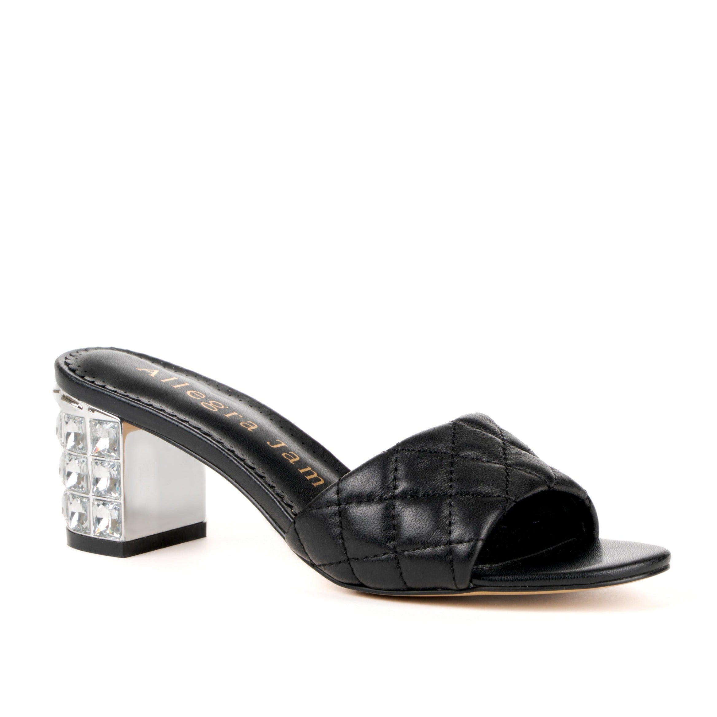 Allegra James Women's Raya Black Leather Rhinestone Block Heel Work Evening Party Sandal In Black