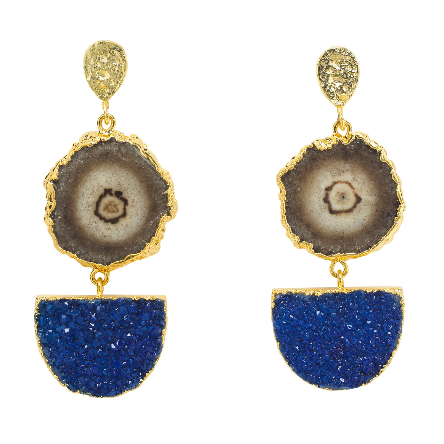 Women’s Blue / Grey Navy Blue Grey Gemstone Gold Statement Earrings Yaa Yaa London