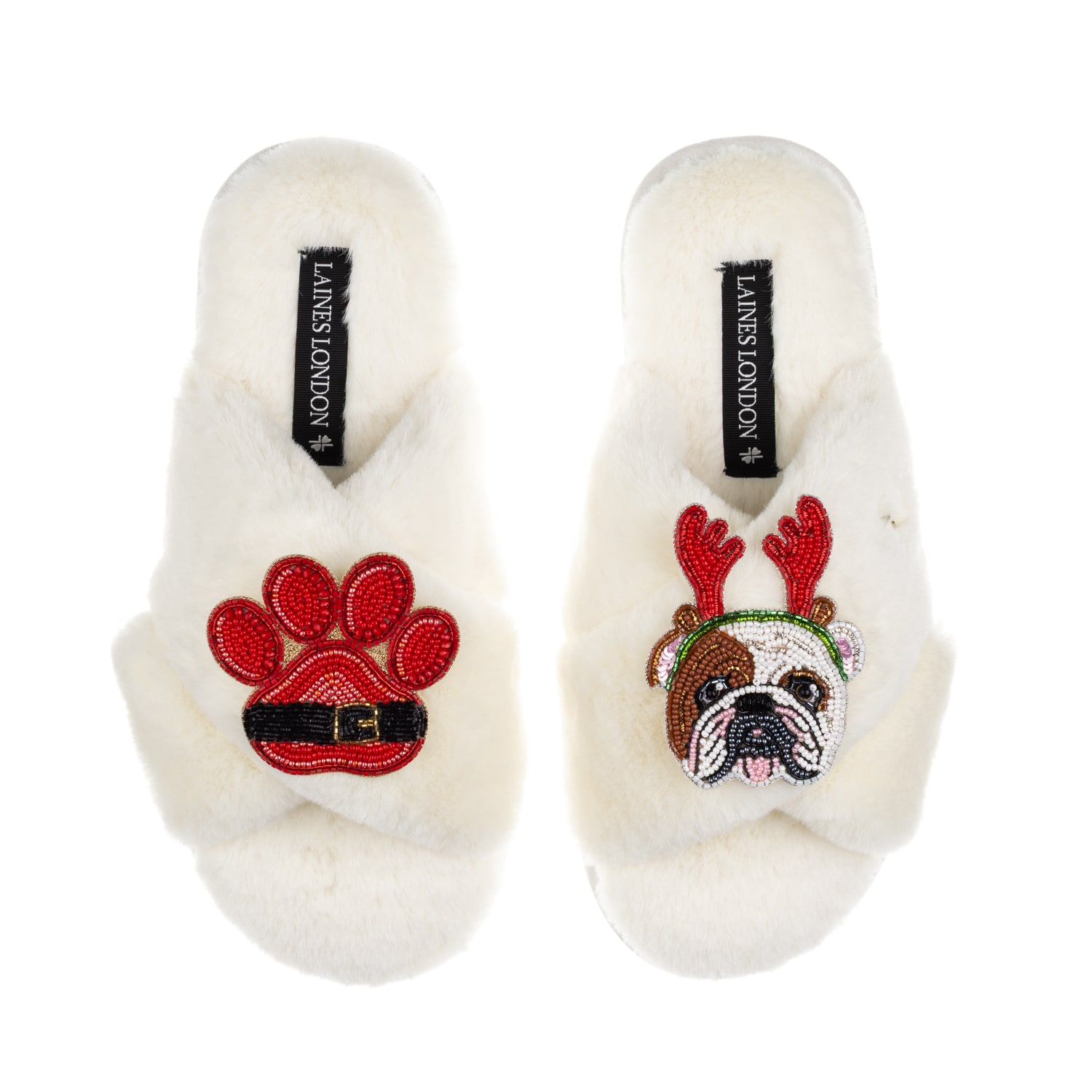 Laines London Women's Neutrals / White Classic Slippers With Christmas British Bulldog & Paw Brooches - Cream In White