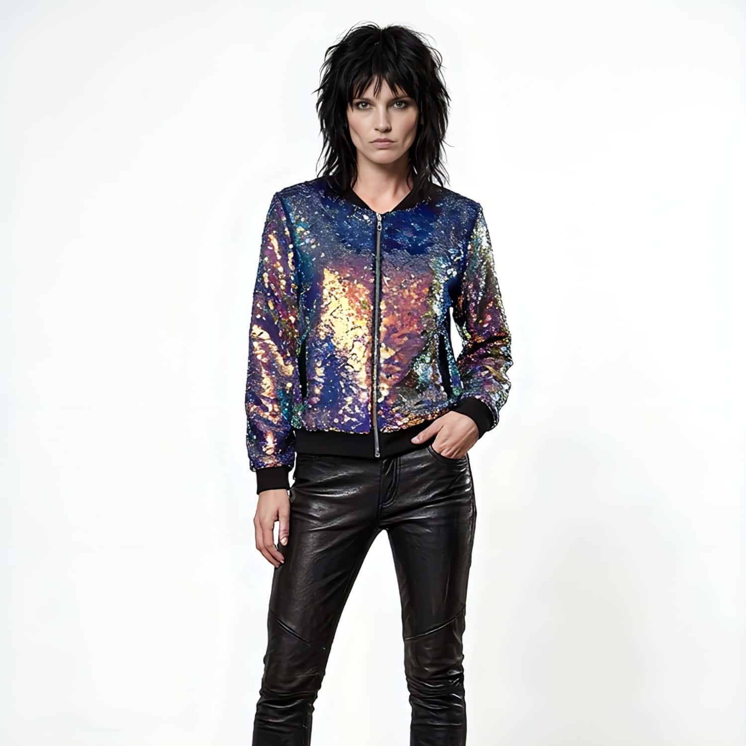 Iridescent Oil Slick Sequin Bomber Jacket | Any Old Iron | Wolf