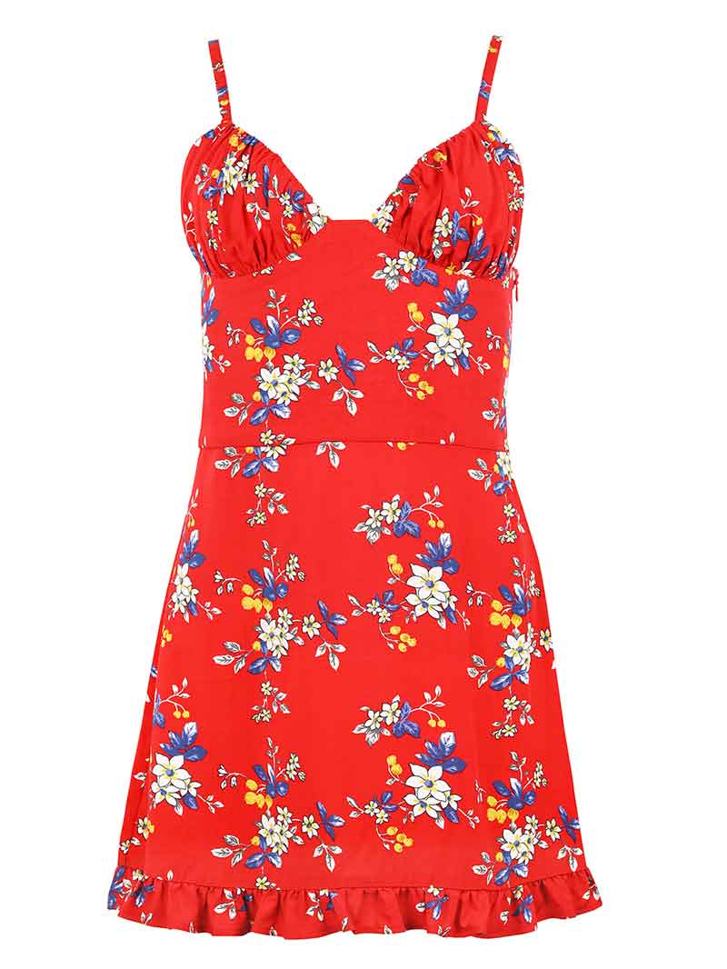 Blonde Gone Rogue Women's Flower Power Mini Summer Dress, Upcycled Viscose, In Red Flower Print In Red