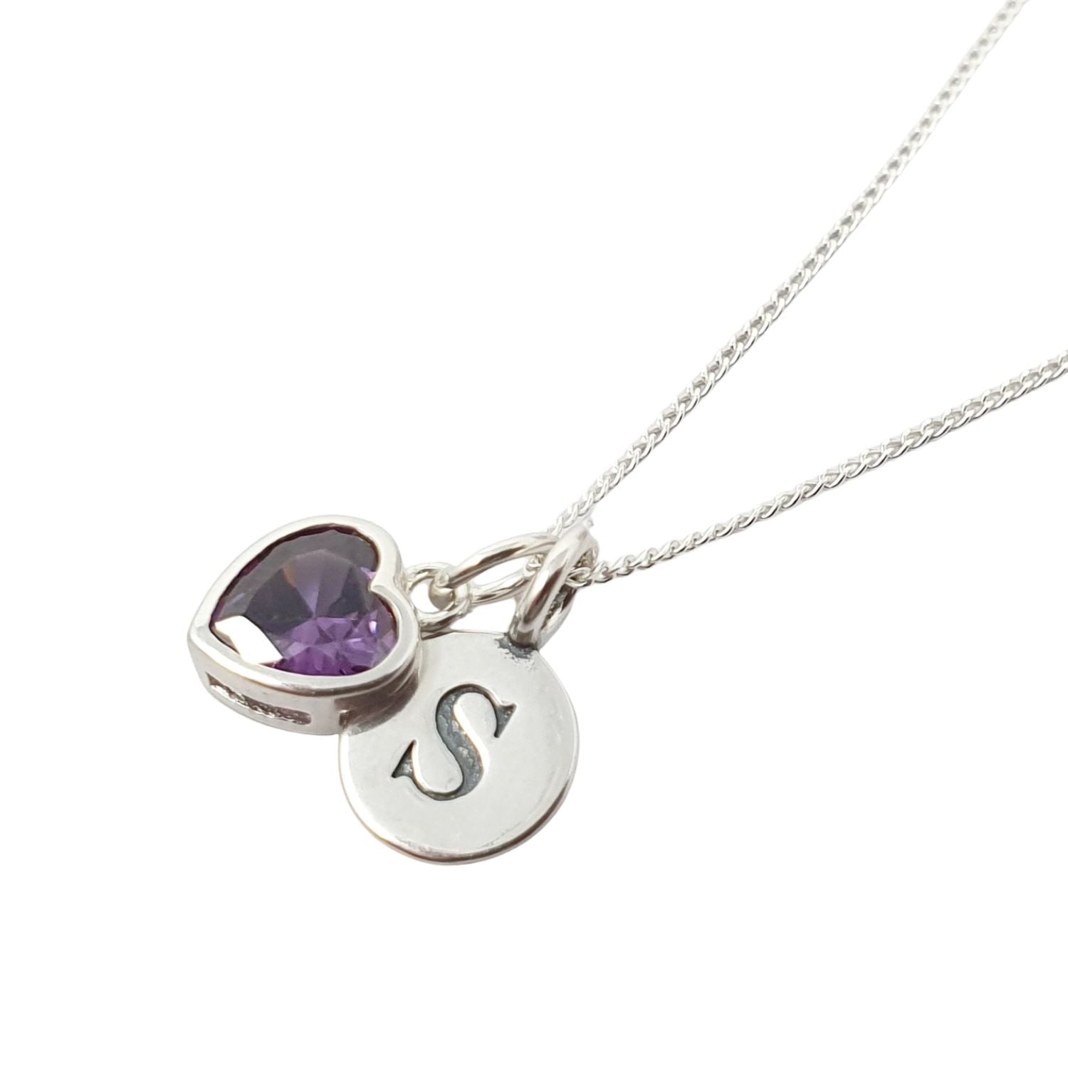 Harfi Women's Mini Initial And Heart Amethyst February Birthstone Charm Silver Necklace In Silver