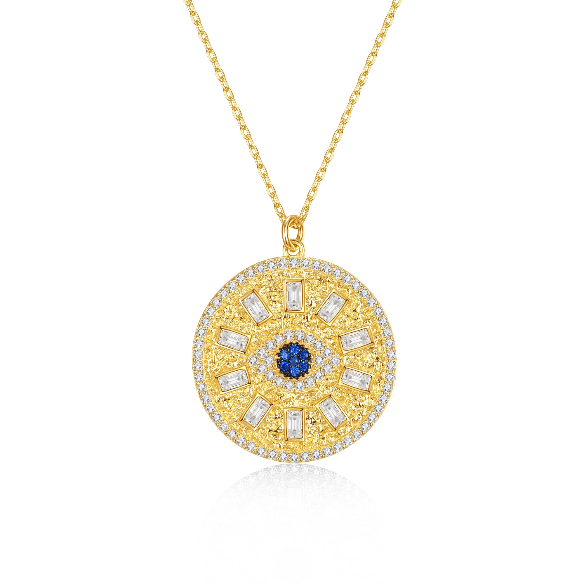 Women’s Gold / Blue / White Gold Plated With Blue Sapphire & Cubic Zirconia Mandala Medallion Pendant Necklace Genevive Jewelry