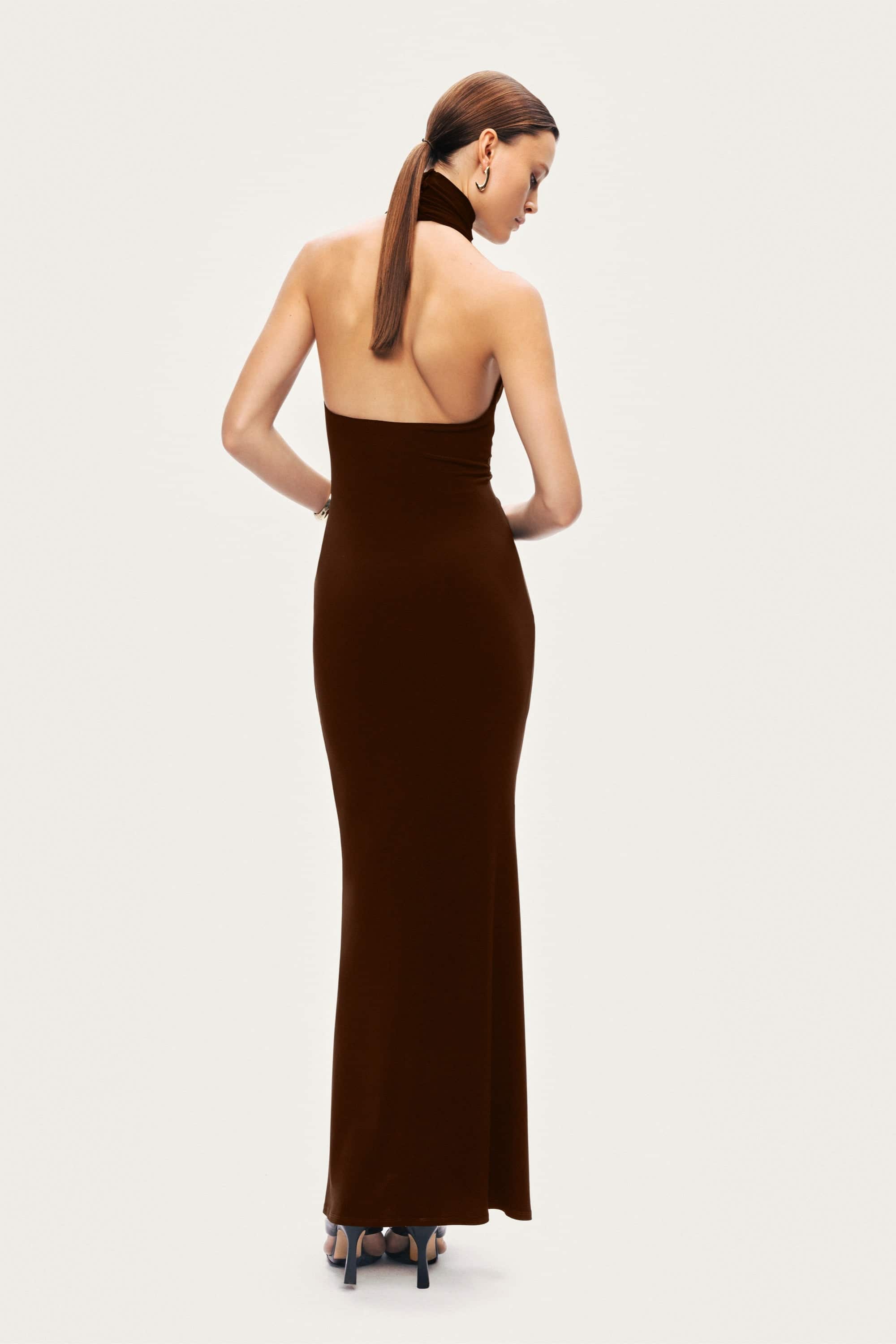 elegant draped neck brown evening maxi dress Nocturne Women's Halter-Neck - Pair with kitten heels custom made evening dress Lydia Dress in Harbor Size:Big Kids Size 6