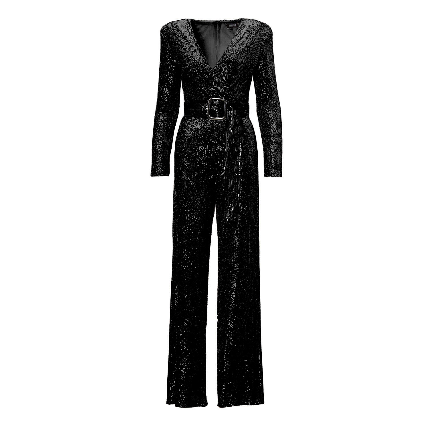 Bluzat Women's Black Maxi Jumpsuit With Structured Shoulders And Belt In Black