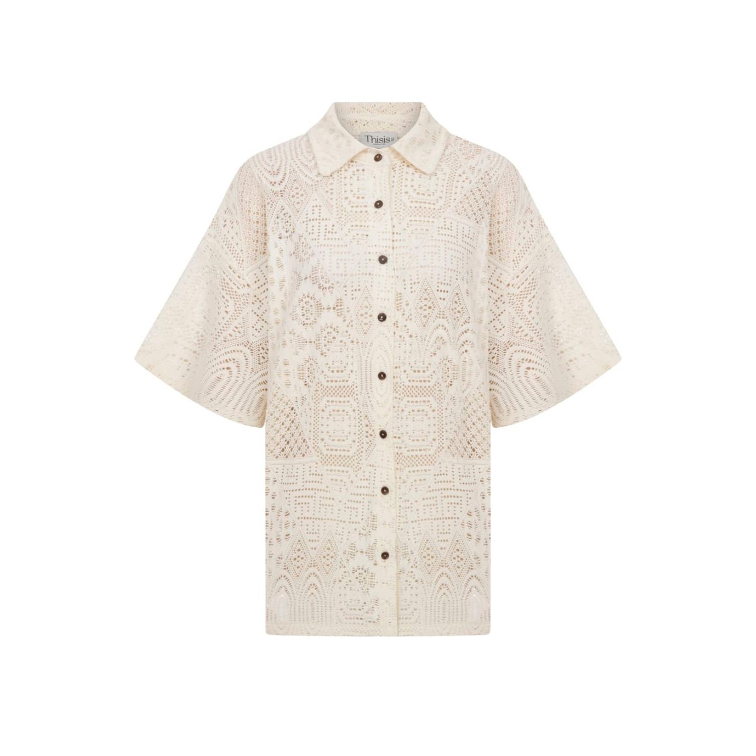 Women's Neutrals Natura Ease Shirt - Oversized Crochet Effect Wide Sleeve Shirt - Natural | Medium | Thisisu Collection