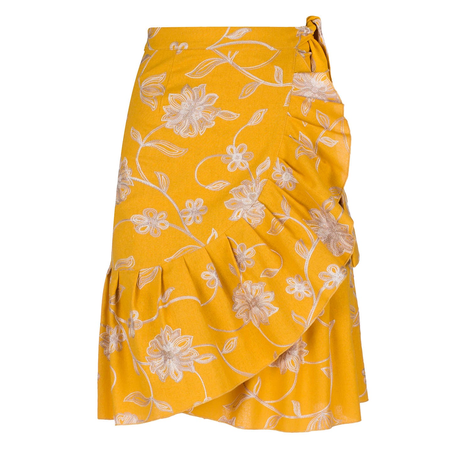 Women’s Yellow / Orange Mustard Embroidered Floral Wrap Ruffle Skirt Medium Conquista