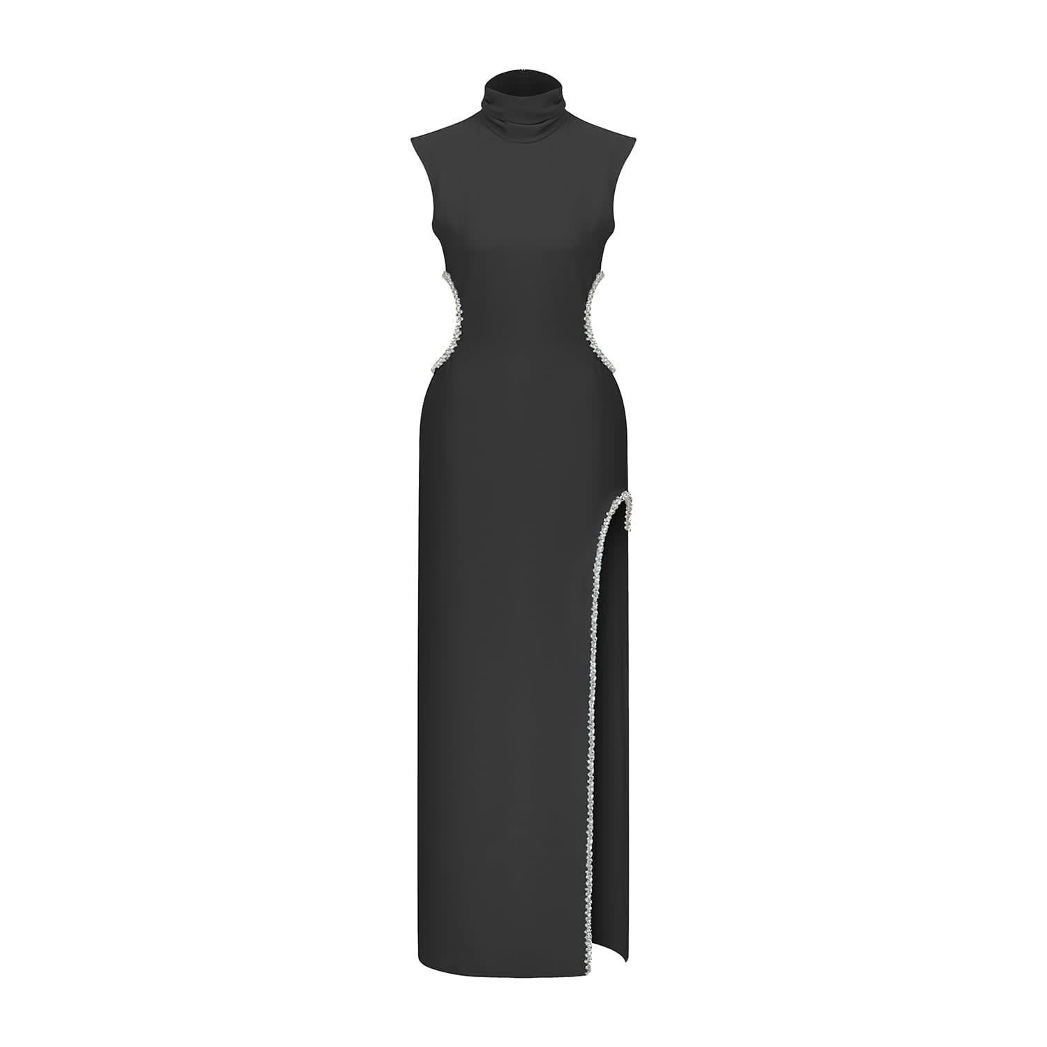 Gisele Crystal Embellished Black Cut-Out Detailed High-Slit Maxi Dress by  HANAE CLOTHES