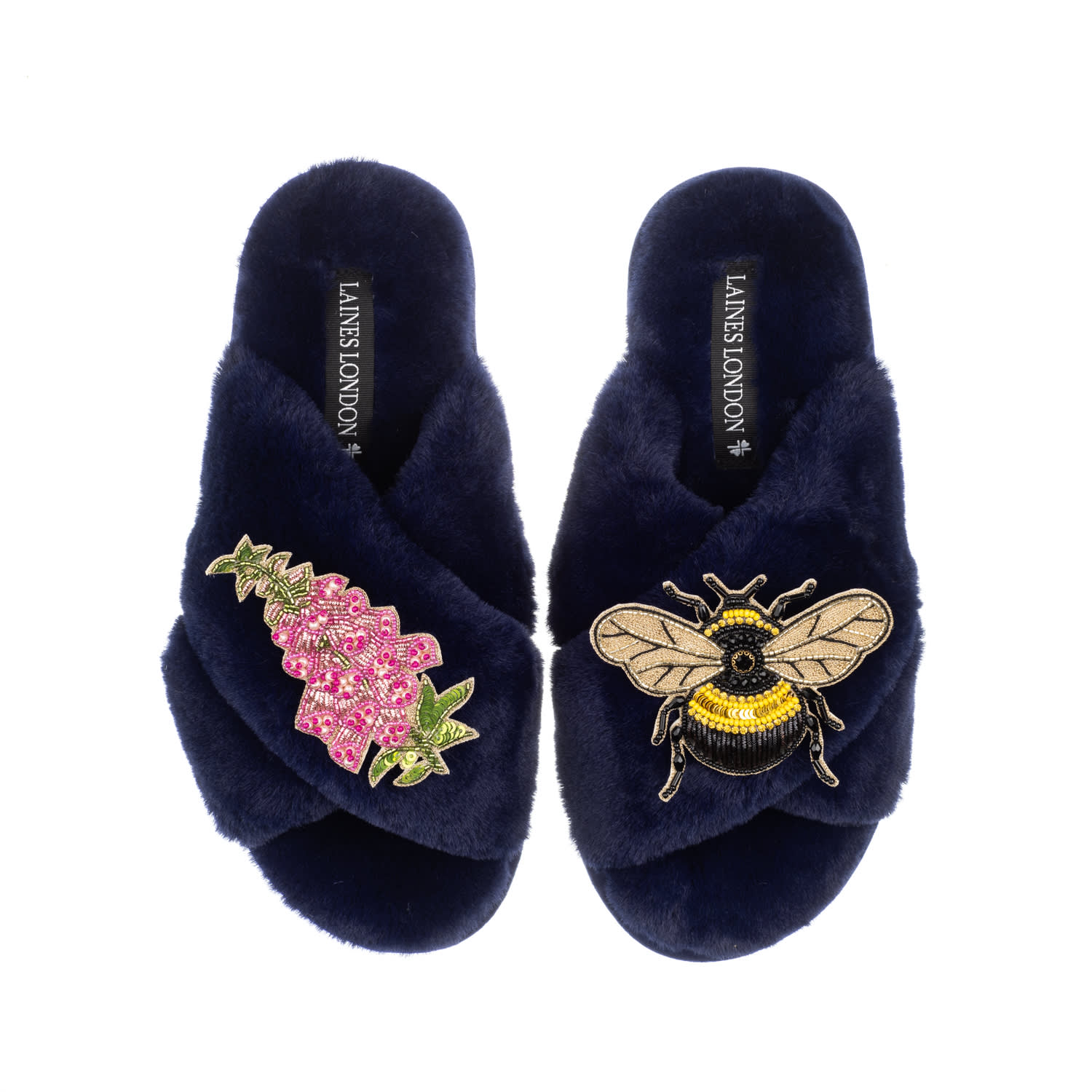 Laines London Women's Blue Classic Laines Slippers With Honey Bee & Pink Foxglove Flowers Brooches - Navy In Blue