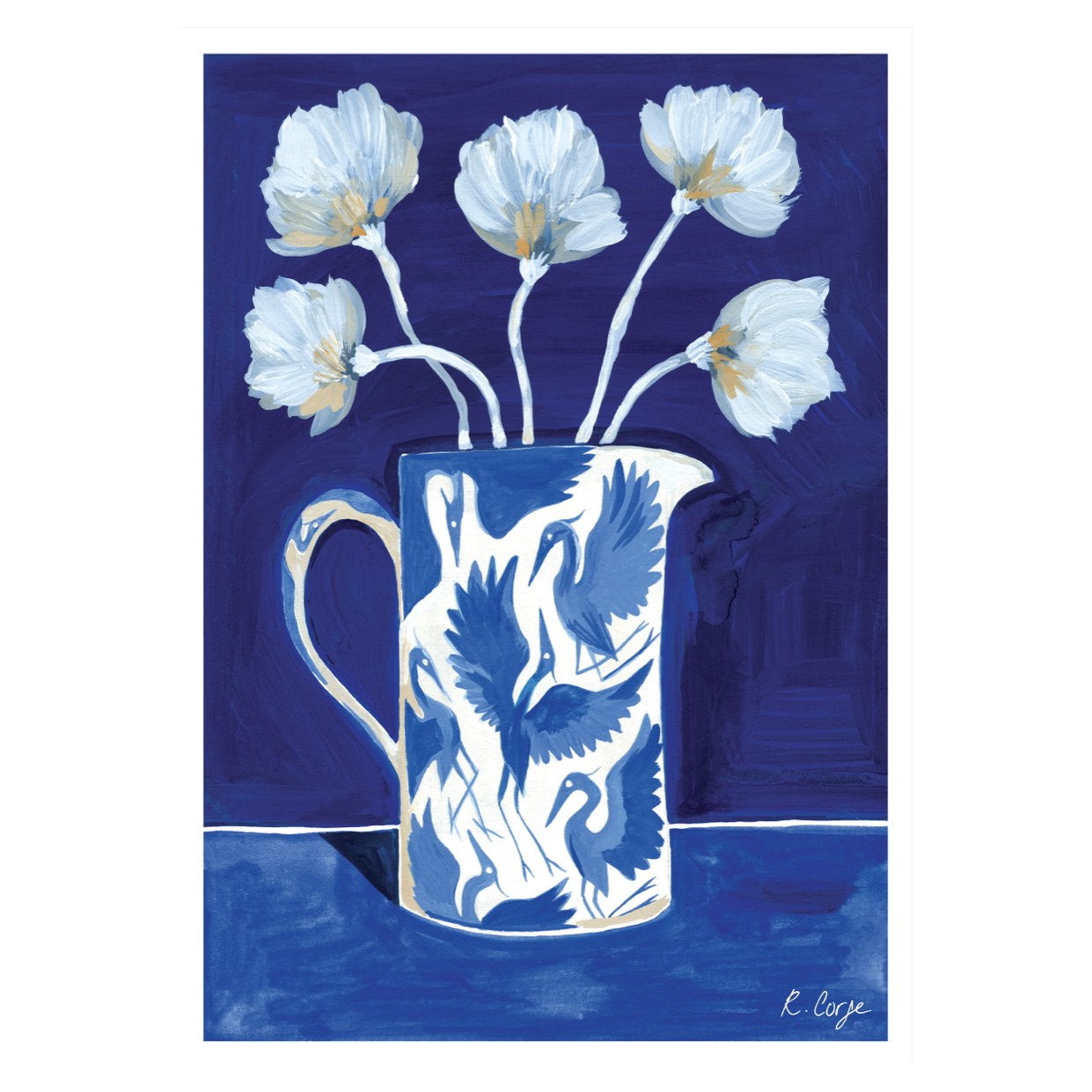 Rosanna Corfe A3 - Blue Herons On Jug Print In Blue/white