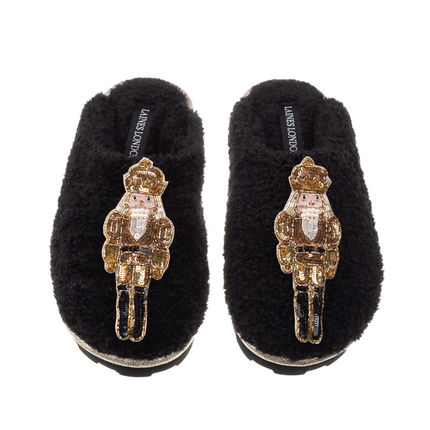 Laines London Women's Teddy Closed Toe Slippers With Double Gold Grand Nutcrackers Brooches - Black In Black