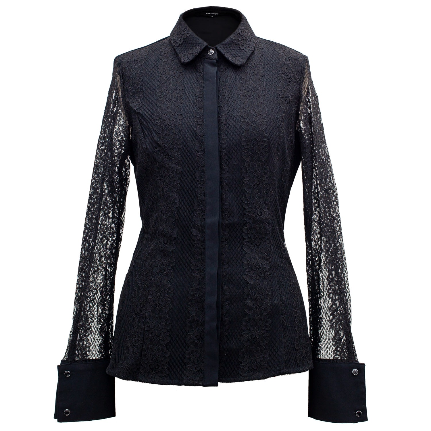 Smart And Joy Women's Fitted Long Sleeves Lace Shirt - Black In Black