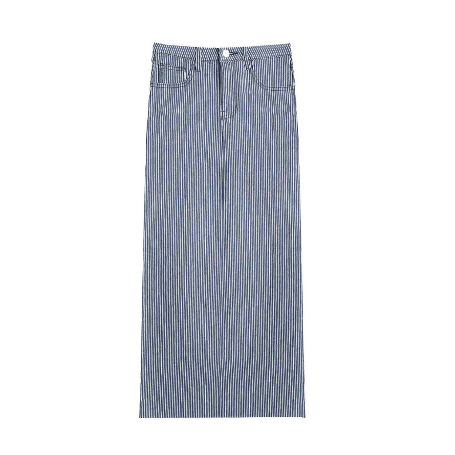 Rave On Trend Women's Blue Pinstripe Denim Skirt In Navy In Blue