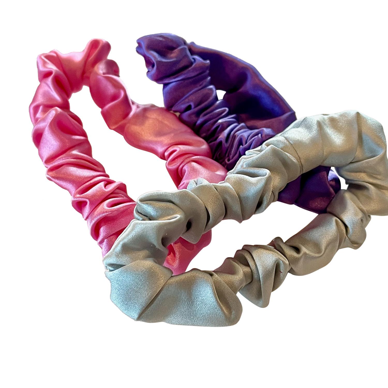 Women's Pink Set Of Three Pure Mulberry Silk Mini Scrunchie Weekly Special Hair Ties Bubblegum Retro | One Size | Soft Strokes Silk