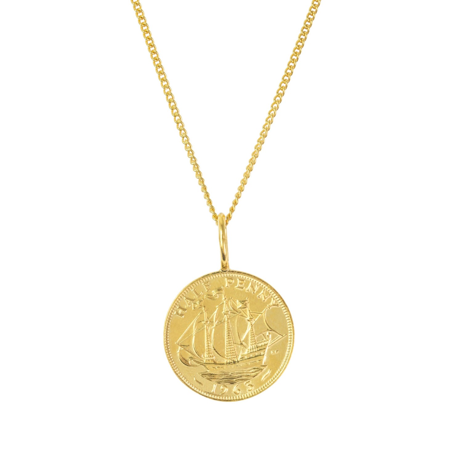 Katie Mullally Limited Men's British Half Penny & Chain In Yellow Gold Plate In Gold