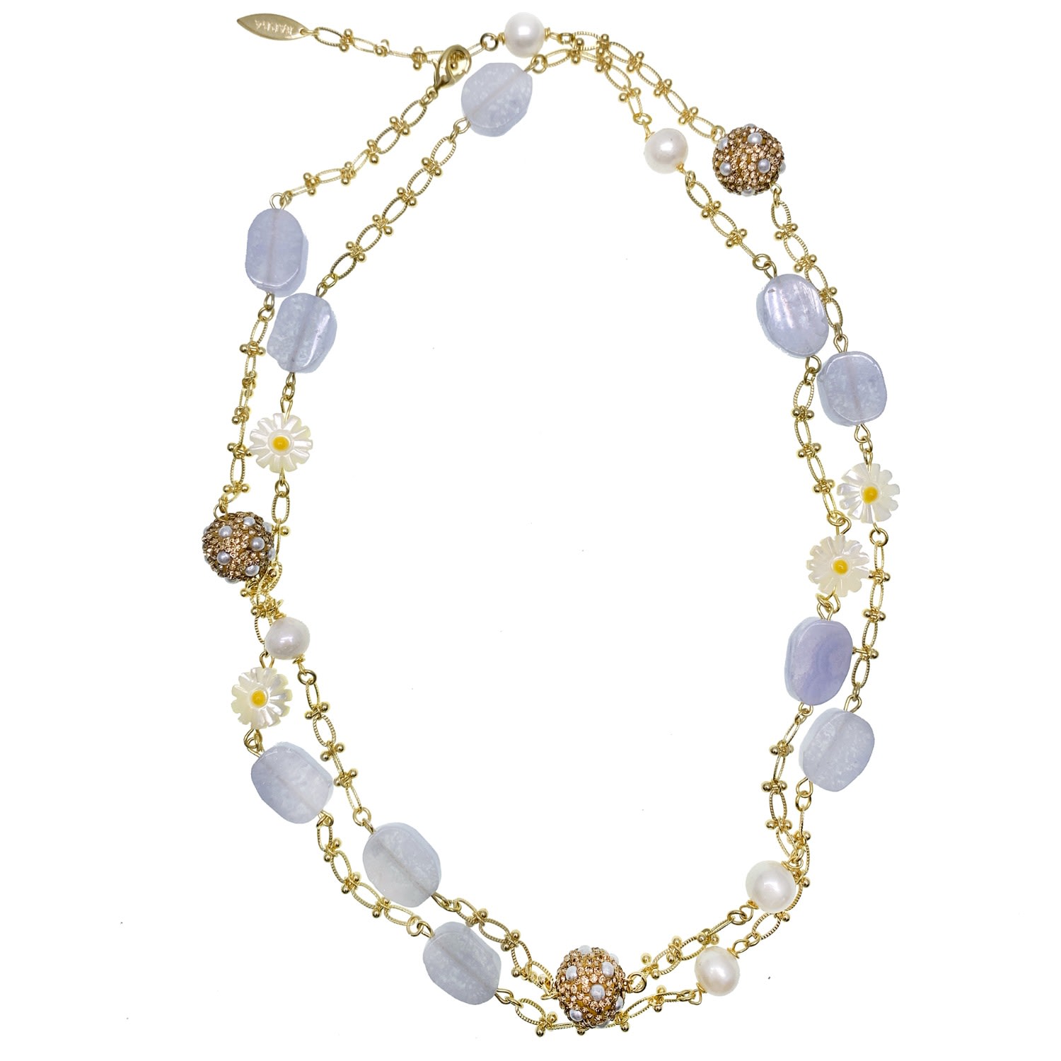 Farra Women's Blue Lace Agate With Sunflower Shell & Rhinestones Multi-way Chain Necklace In Blue