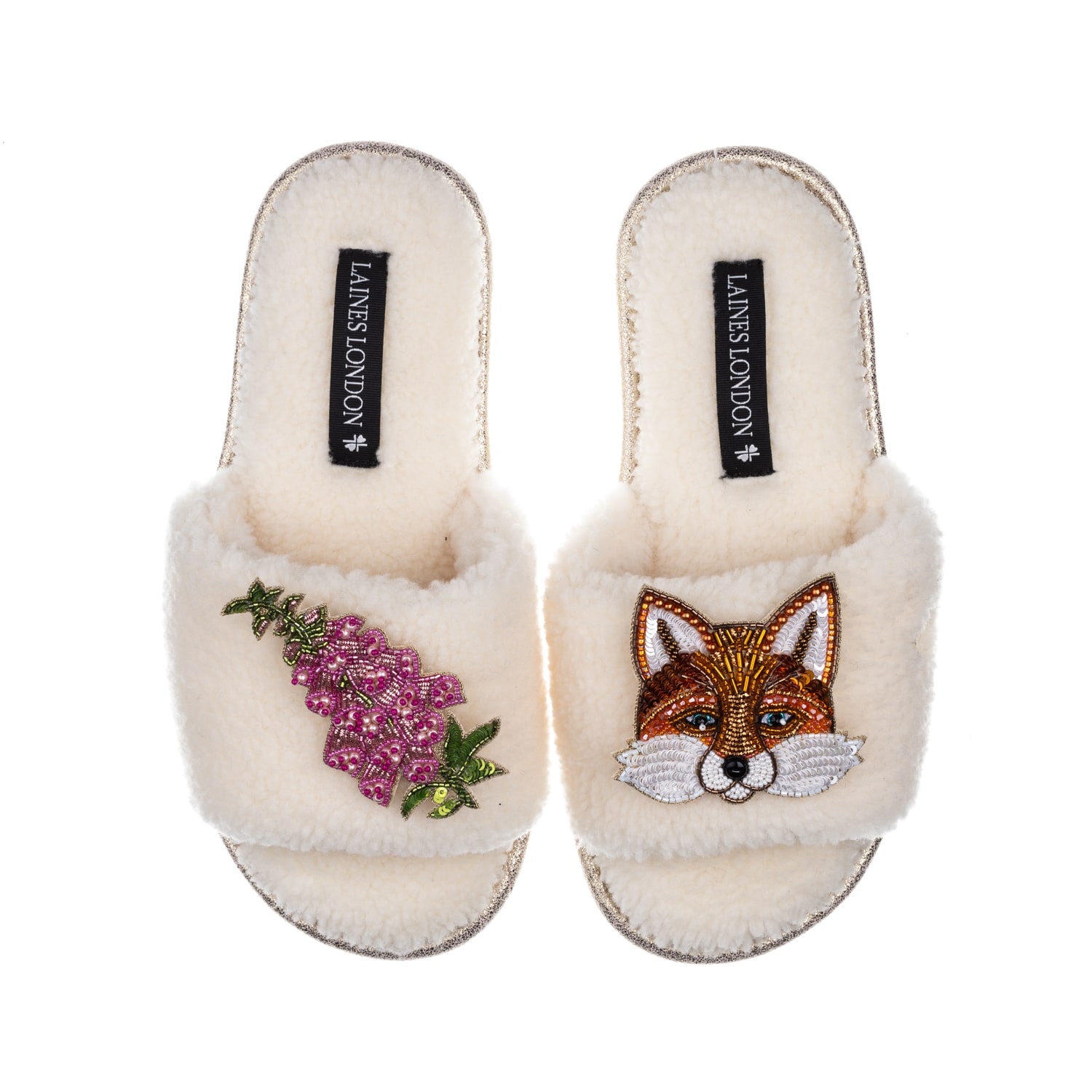 Laines London Women's White Teddy Toweling Slipper Sliders With Pink Foxglove Flowers & Fox Brooches - Cream In White
