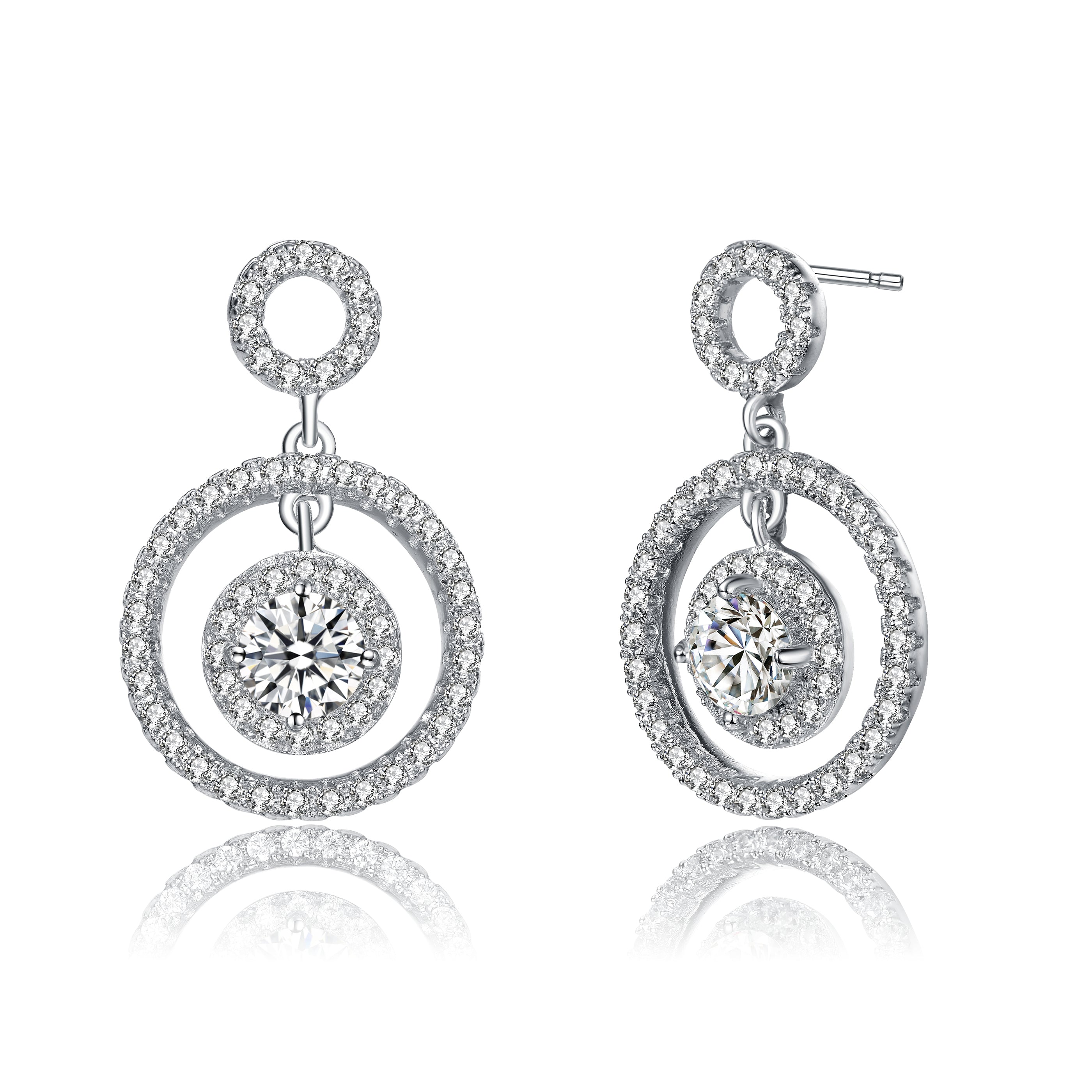 Women’s White / Silver Sterling Silver With White Gold Plated Clear Round Cubic Zirconia Three Halo Drop Earrings Genevive Jewelry