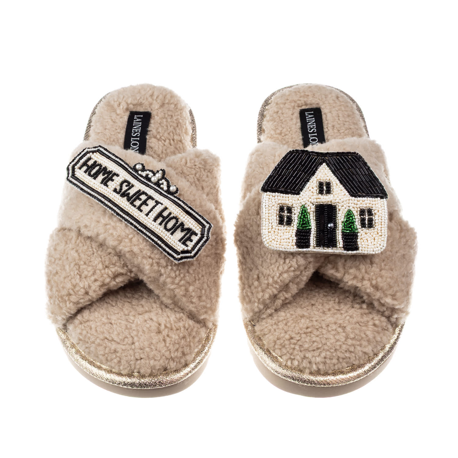 Women's Neutrals Neutral Boucle Slippers With Home Sweet Home Brooches - Oatmeal | Small | Laines London