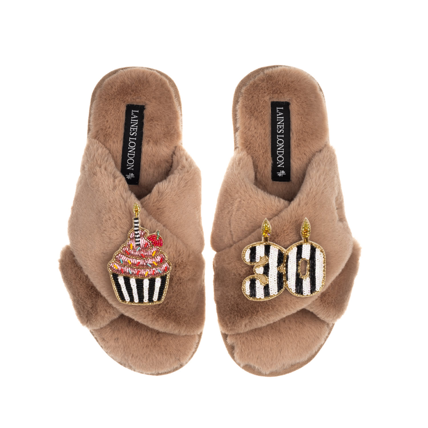 Laines London Women's Brown Classic Laines Slippers With Stripe 30th Birthday & Cake Brooches - Toffee In Brown