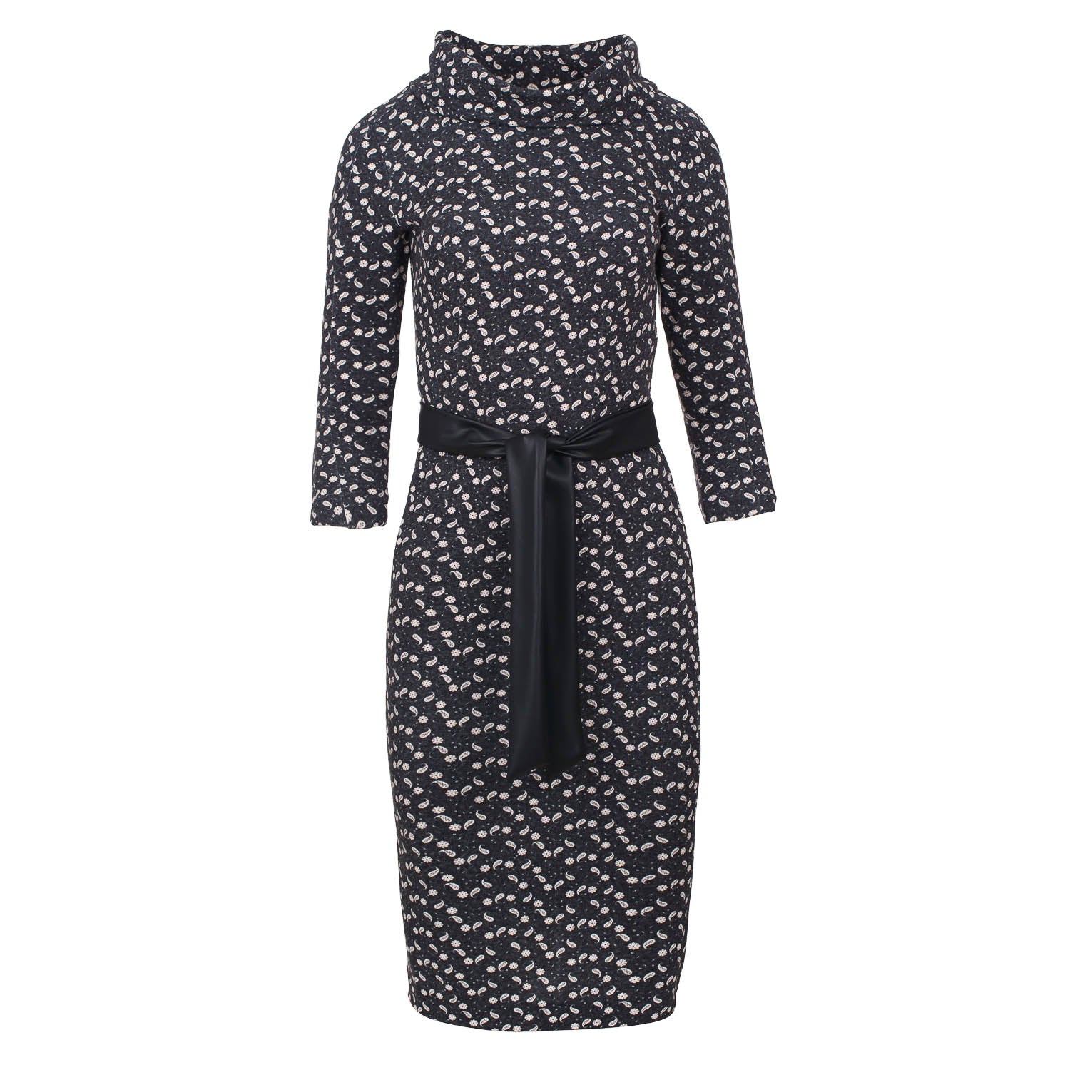 Conquista Women's Grey Fitted Print Dress With Belt In Grey