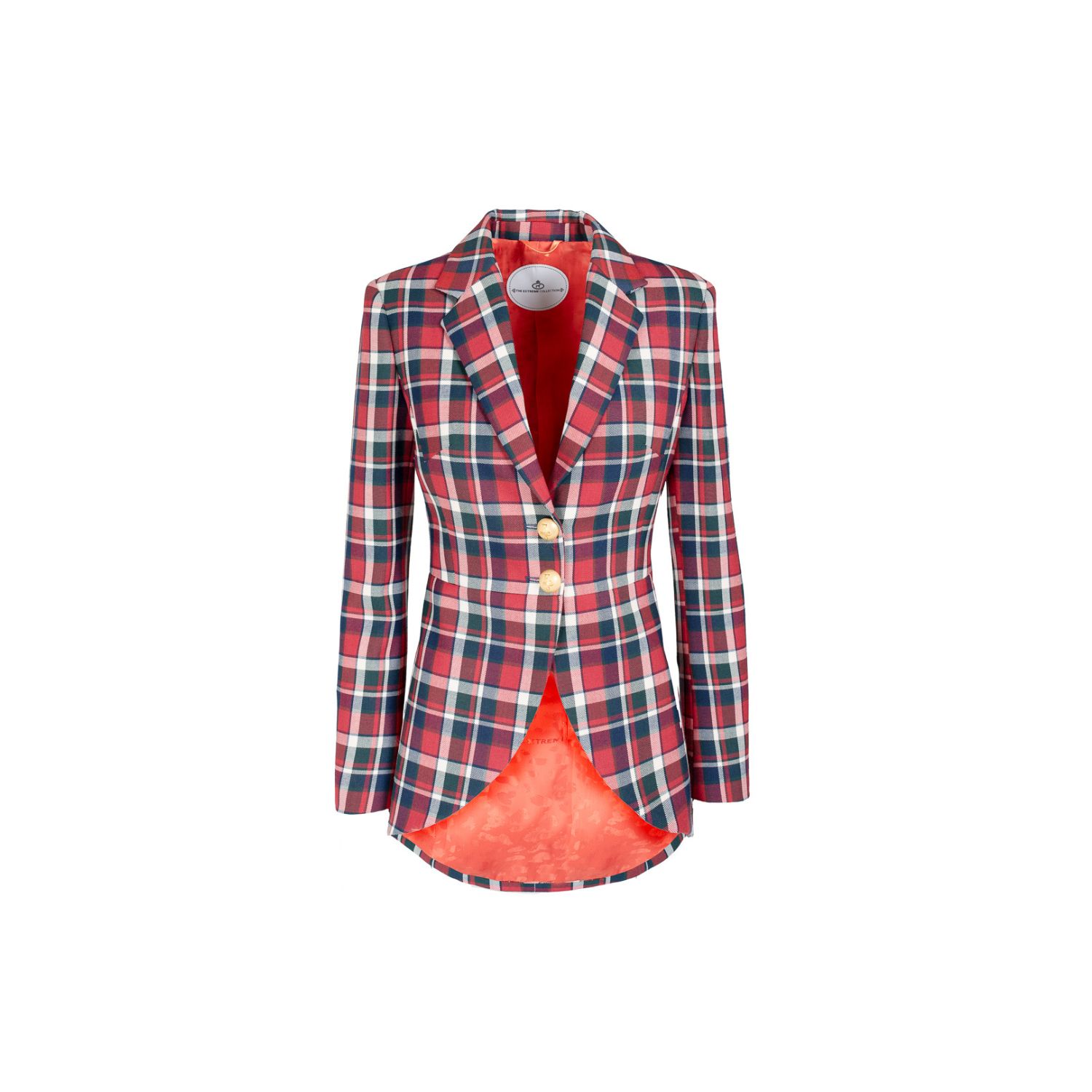 The Extreme Collection Women's Blue / Red Fitted Red Plaid Blazer With Golden Buttons And Black Lapel Peyton In Blue/red