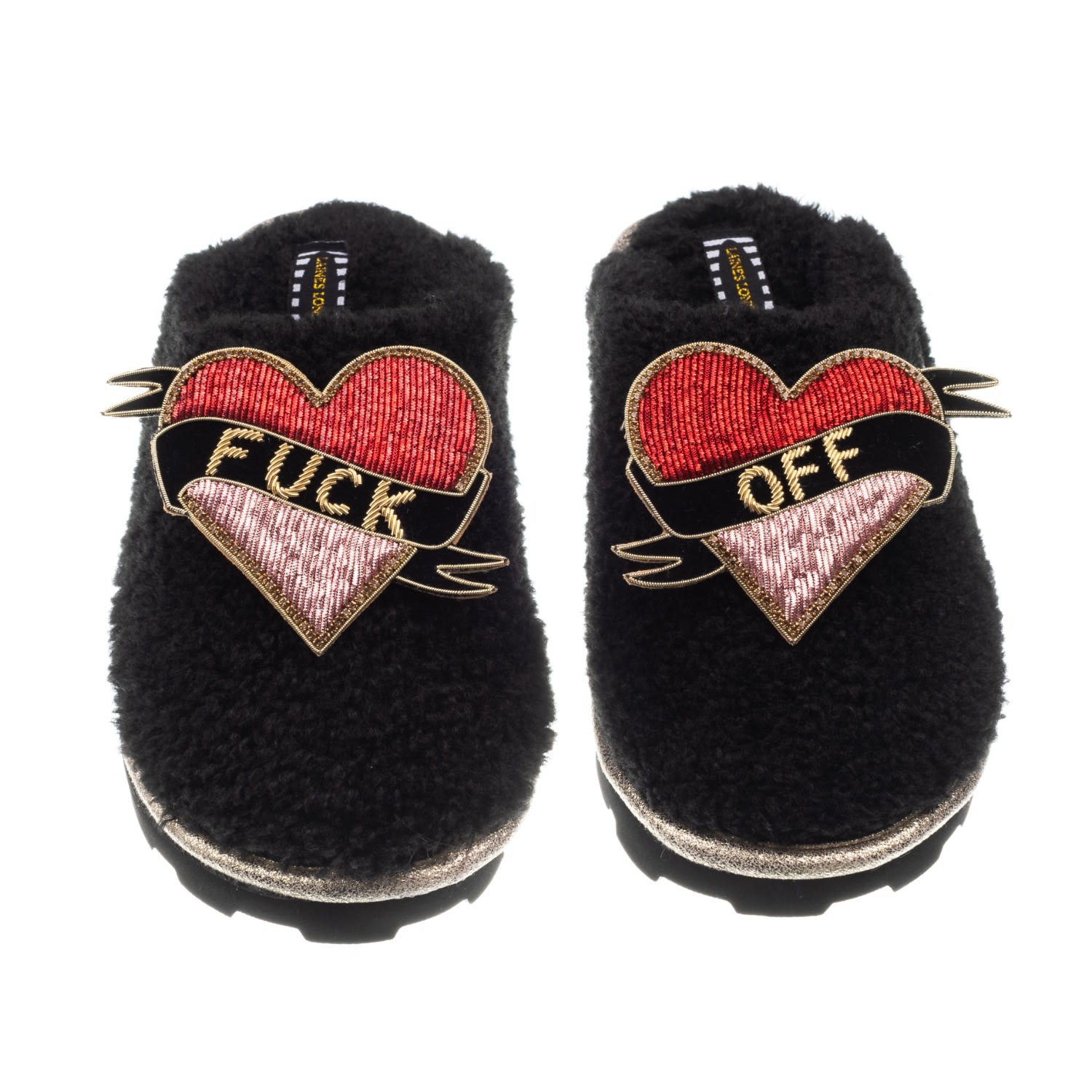 Laines London Women's Teddy Closed Toe Slippers With Fuck Off Brooches - Black In Black