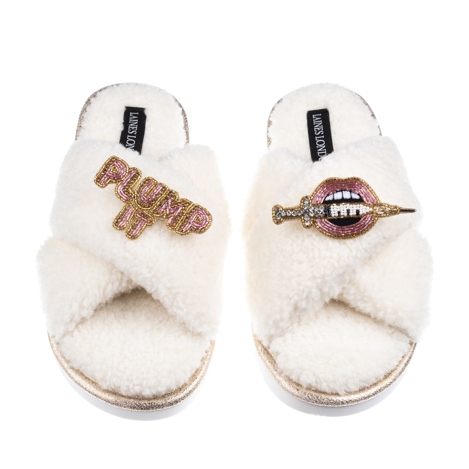 Laines London Women's Neutrals / White Laines Neutral Boucle Slippers With Plump It Pout Brooches - Cream In White