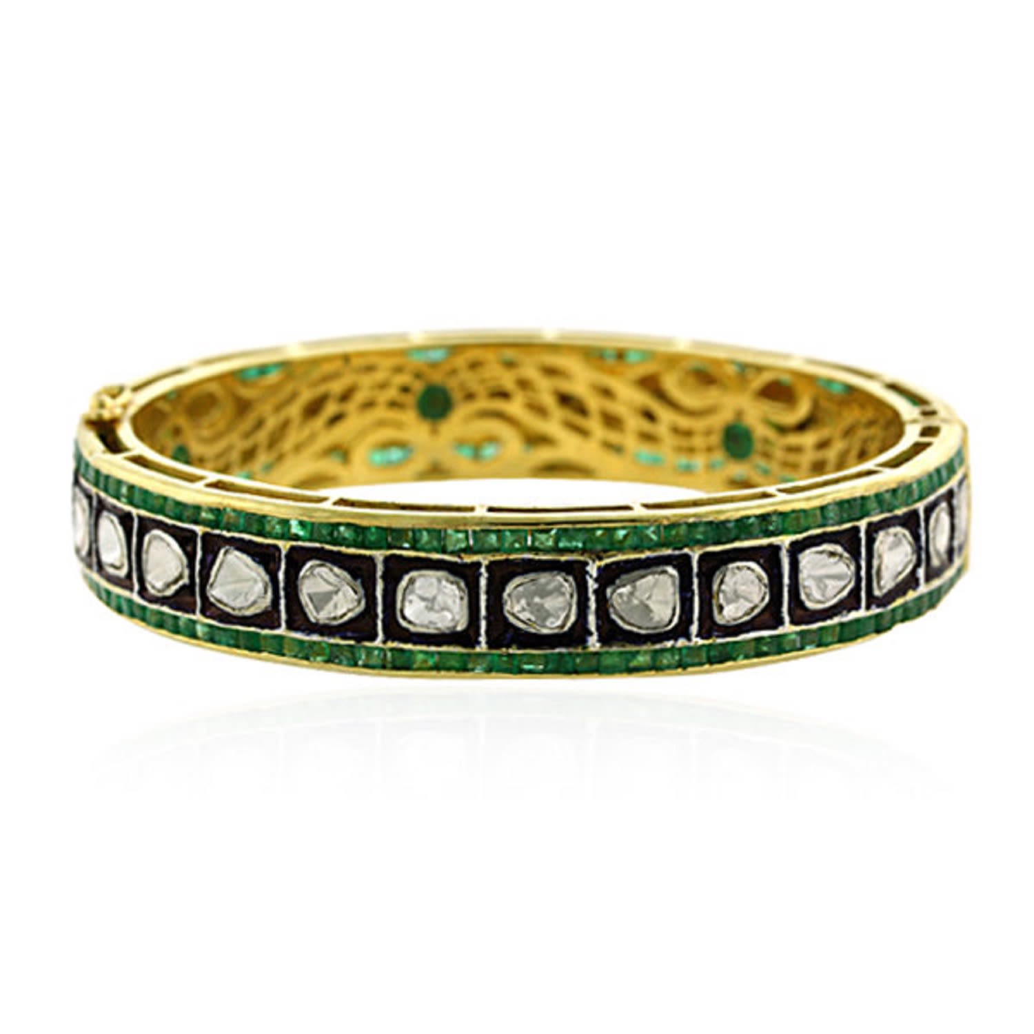 Women’s White / Gold / Green Emerald & Rose Cut Diamond 18K Gold 925 Sterling Silver Designer Bangle Artisan