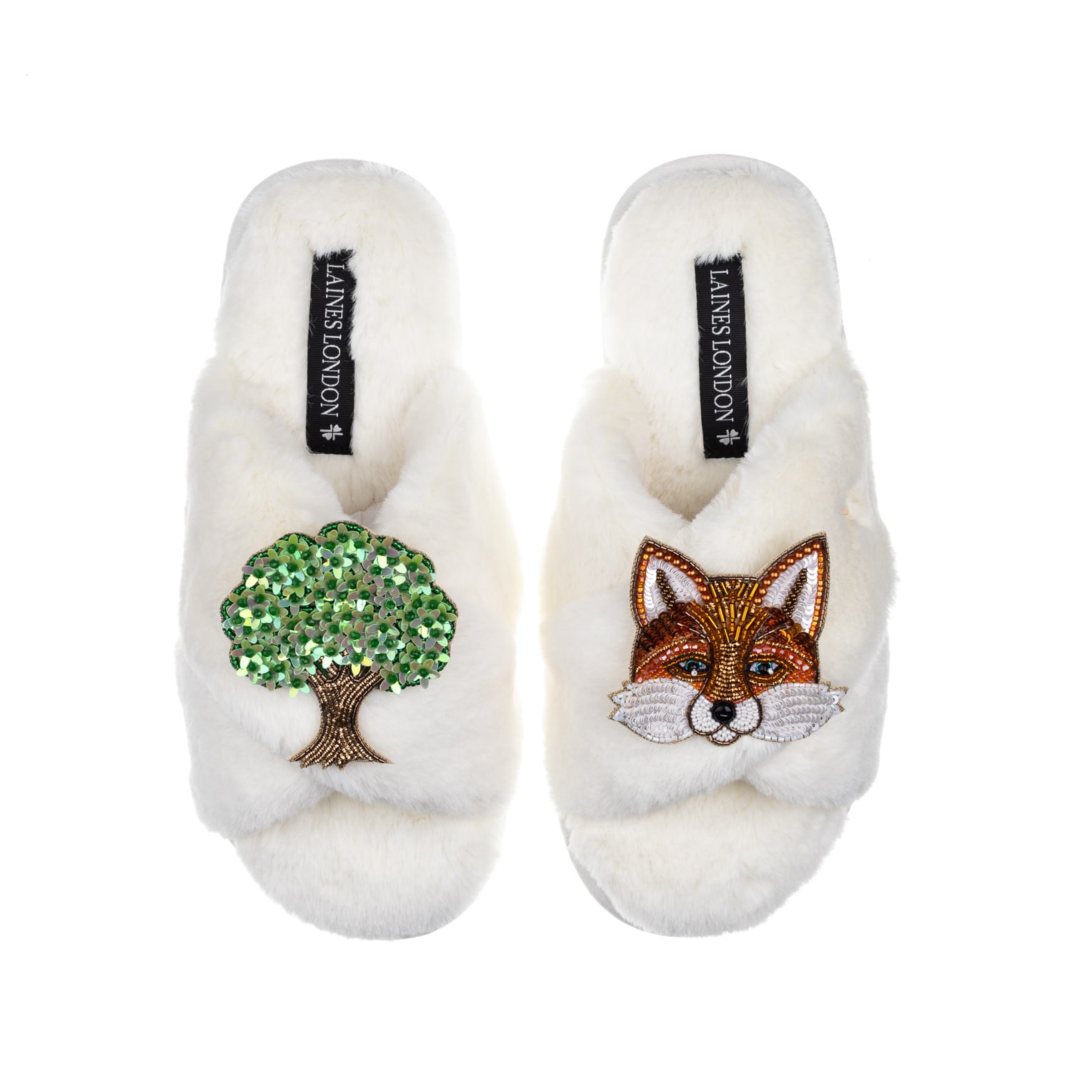 Laines London Women's White Classic Laines Slippers With Oak Tree & Fox Brooches - Cream In White