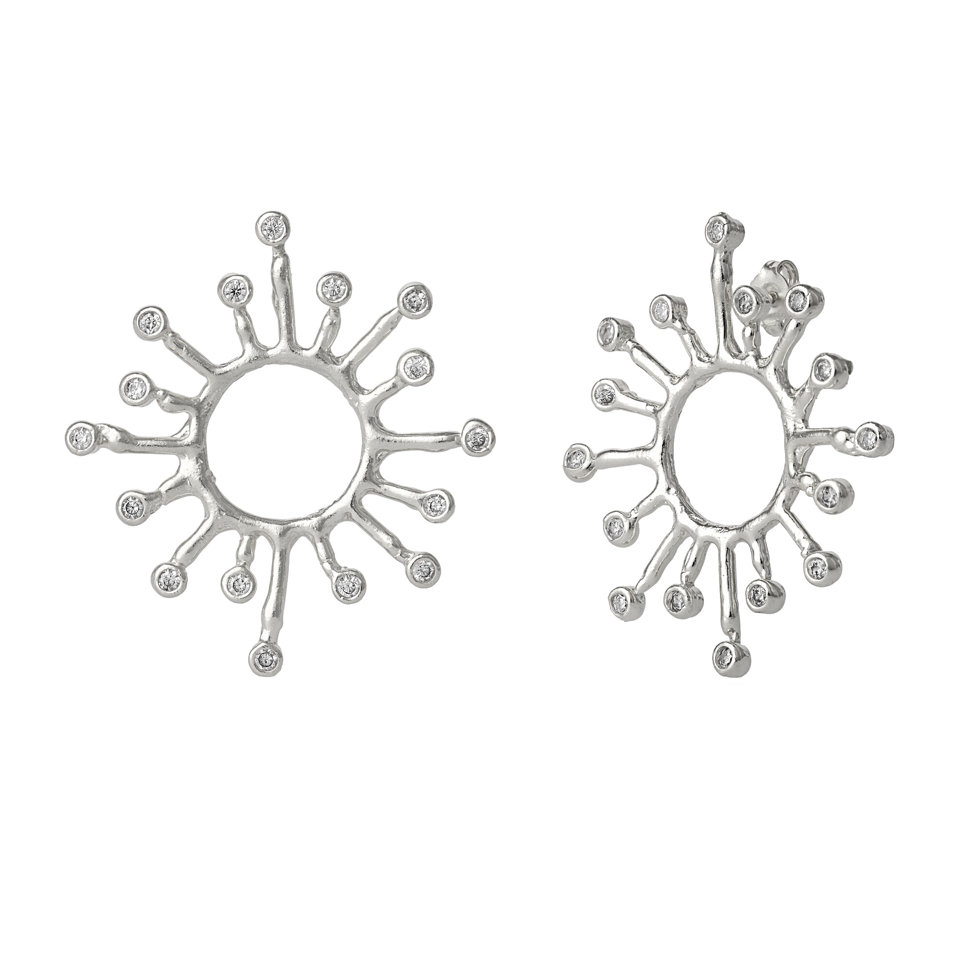 Spero London Women's Sun Sunburst Large High Quality Crown Natural Textured Molten Sterling Silver Earring - Silv In White