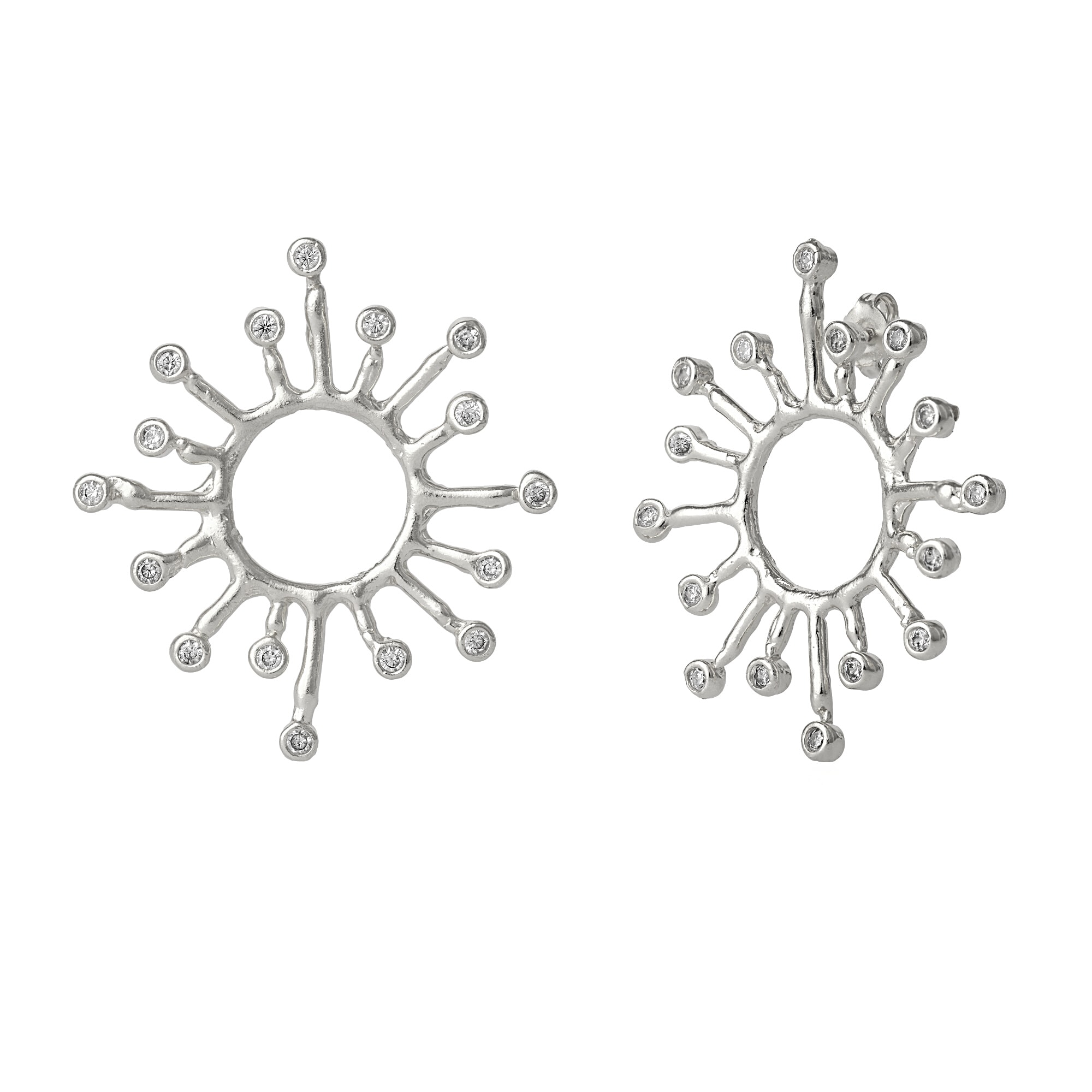 Women’s Sun Sunburst Large High Quality Crown Natural Textured Molten Sterling Silver Earring - Silver Spero London