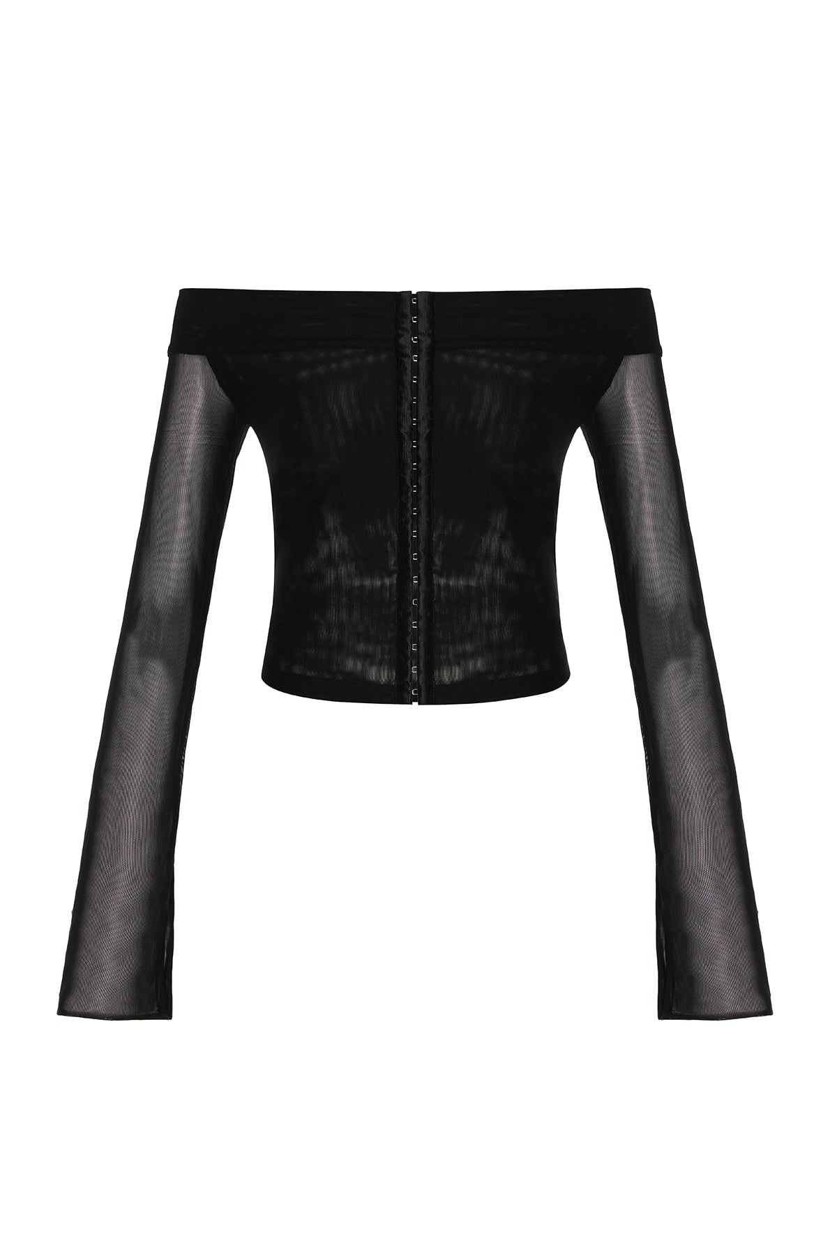 Women&rsquo;s Black Hooked Up Off Shoulder Mesh Top With Hook And Eye Closure | Small | Khela the Label