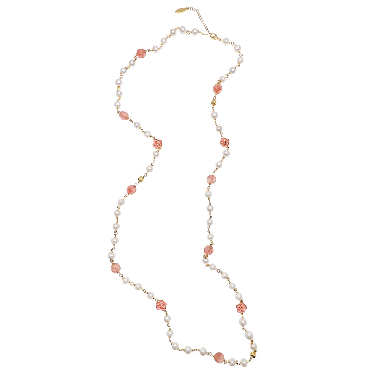 Farra Women's Freshwater Pearls And Pink Watermelon Quartz With Rose Charms Long Necklace In Pink