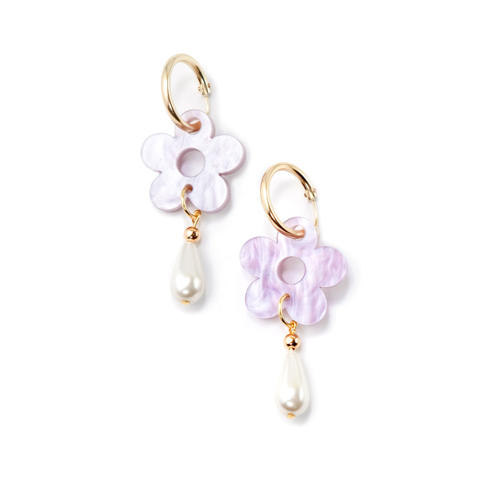 Women’s Gold / Pink / Purple Daisy Pearl Drop Earrings In Marbled Lavender By Chavelli