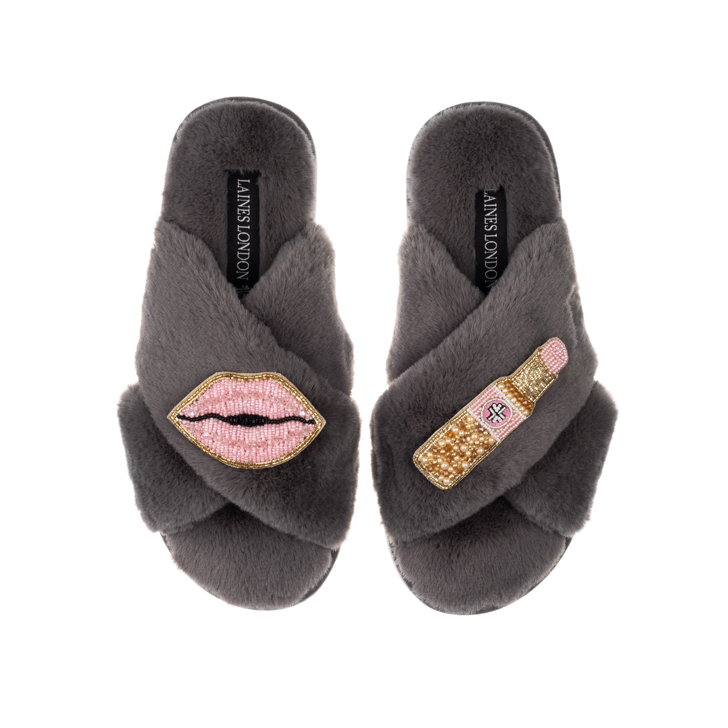 Laines London Women's Classic Laines Slippers With Pink Lipstick & Lips Brooches - Grey In Grey